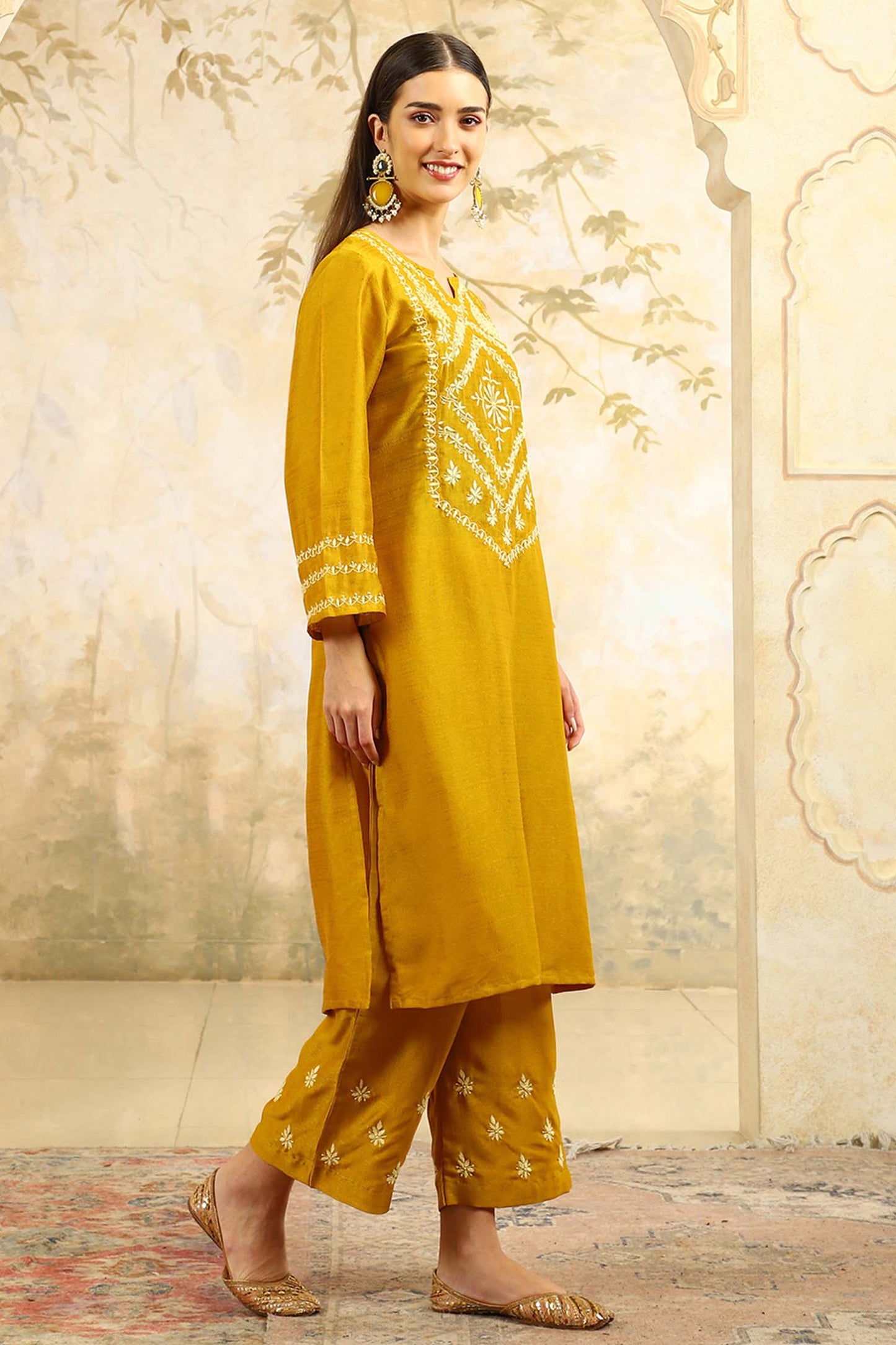 Ishani Yellow Chikankari Kurta Set with Butter Yellow Yoke – V Neck