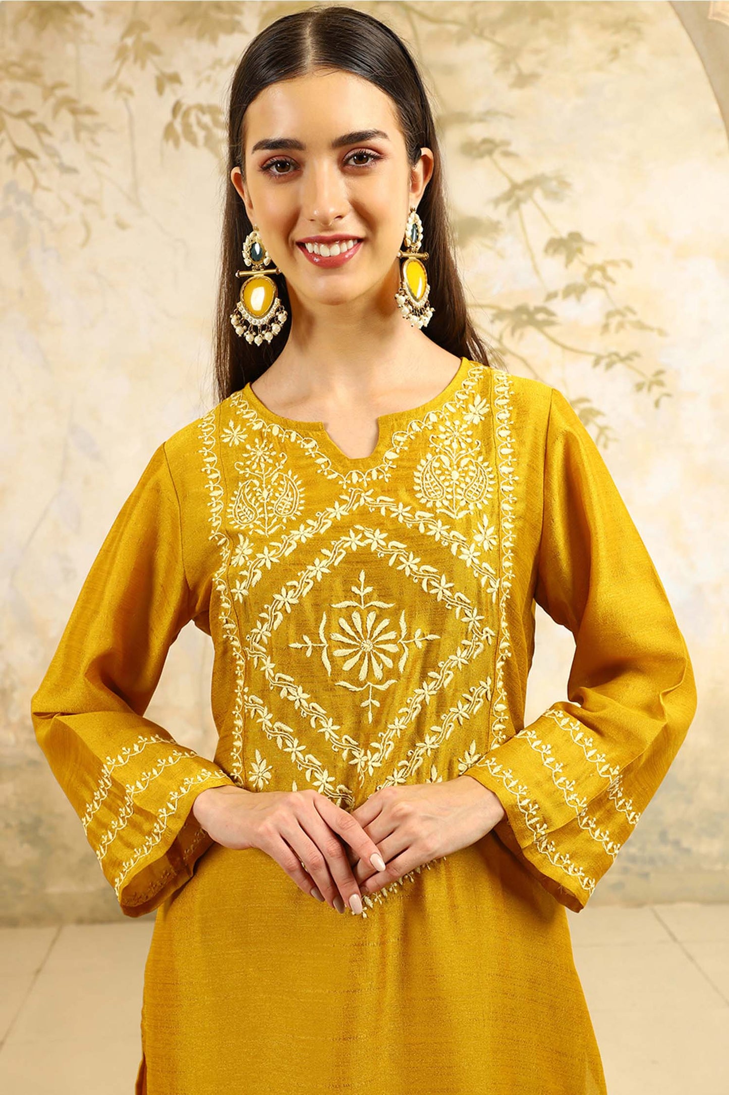 Ishani Yellow Chikankari Kurta Set with Butter Yellow Yoke – V Neck