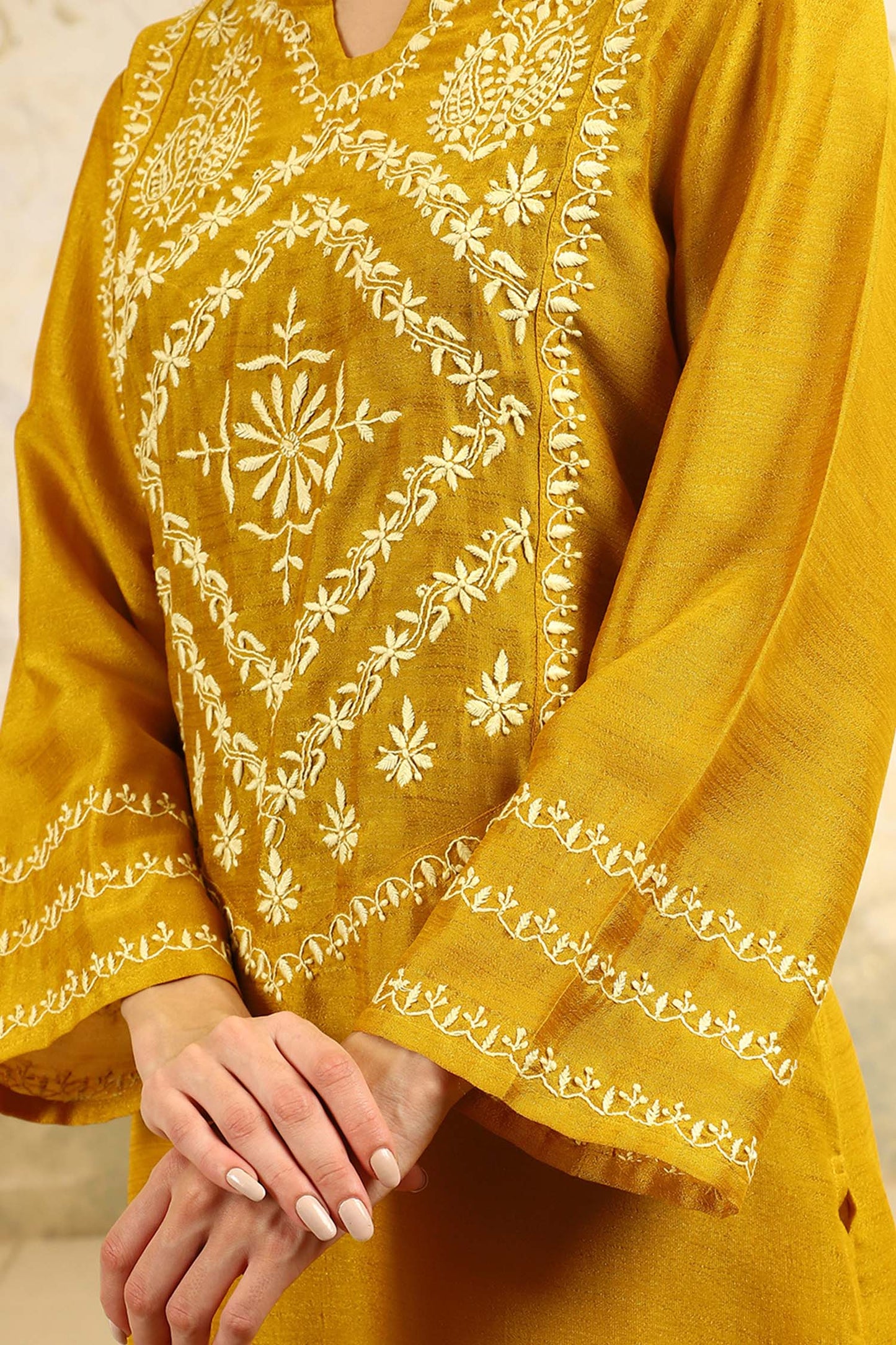 Ishani Yellow Chikankari Kurta Set with Butter Yellow Yoke – V Neck