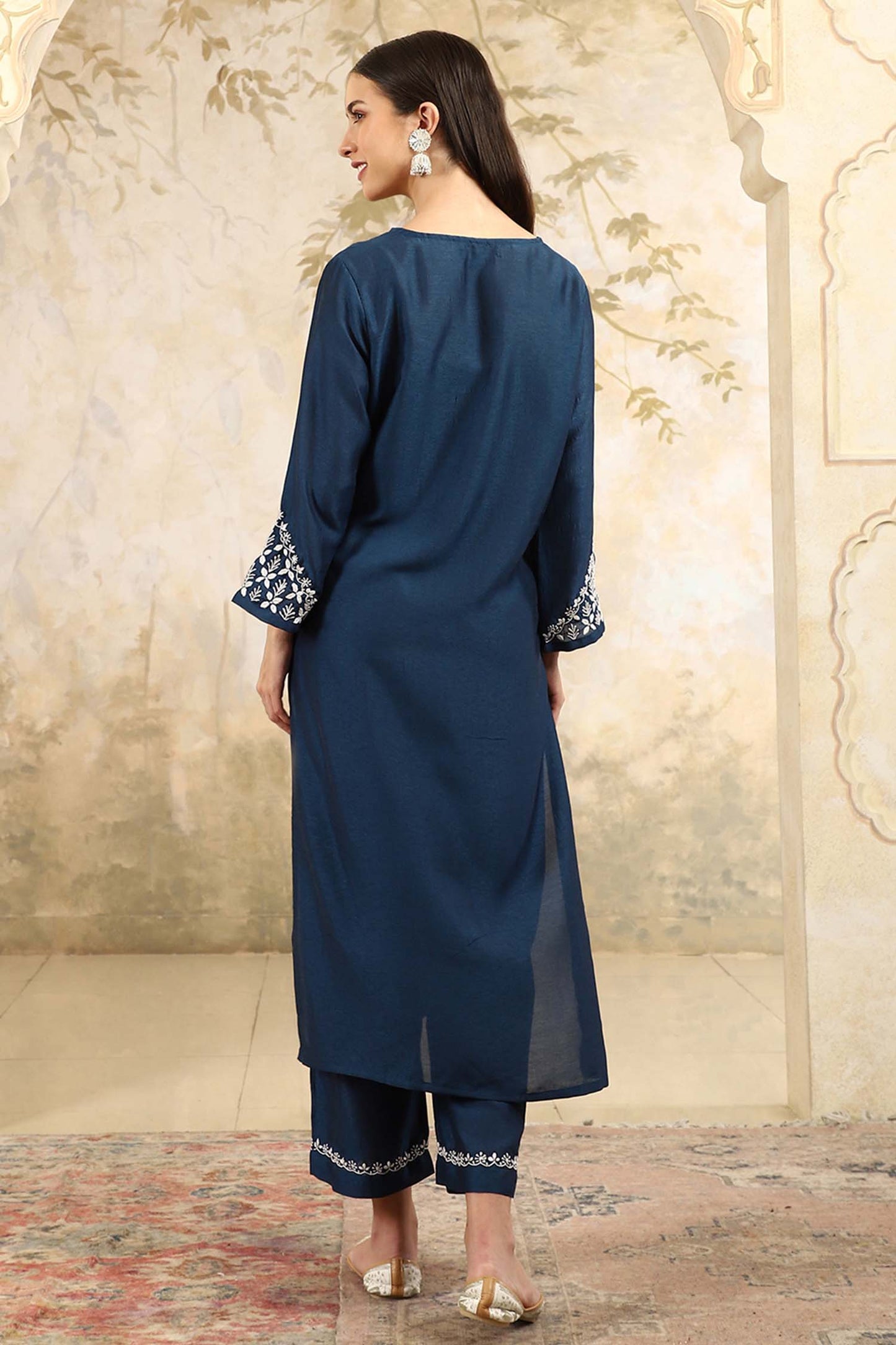 Prisha Blue Chikankari Kurta Set with Stylish White Yoke – V Neck