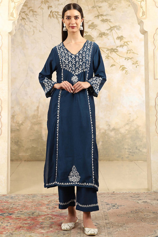 Prisha Blue Chikankari Kurta Set with Stylish White Yoke – V Neck