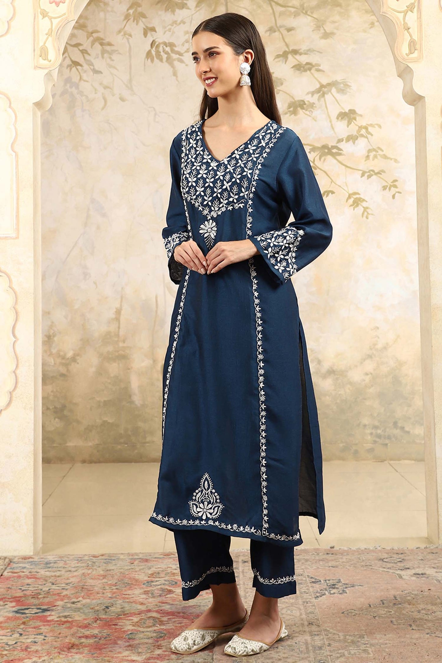 Prisha Blue Chikankari Kurta Set with Stylish White Yoke – V Neck
