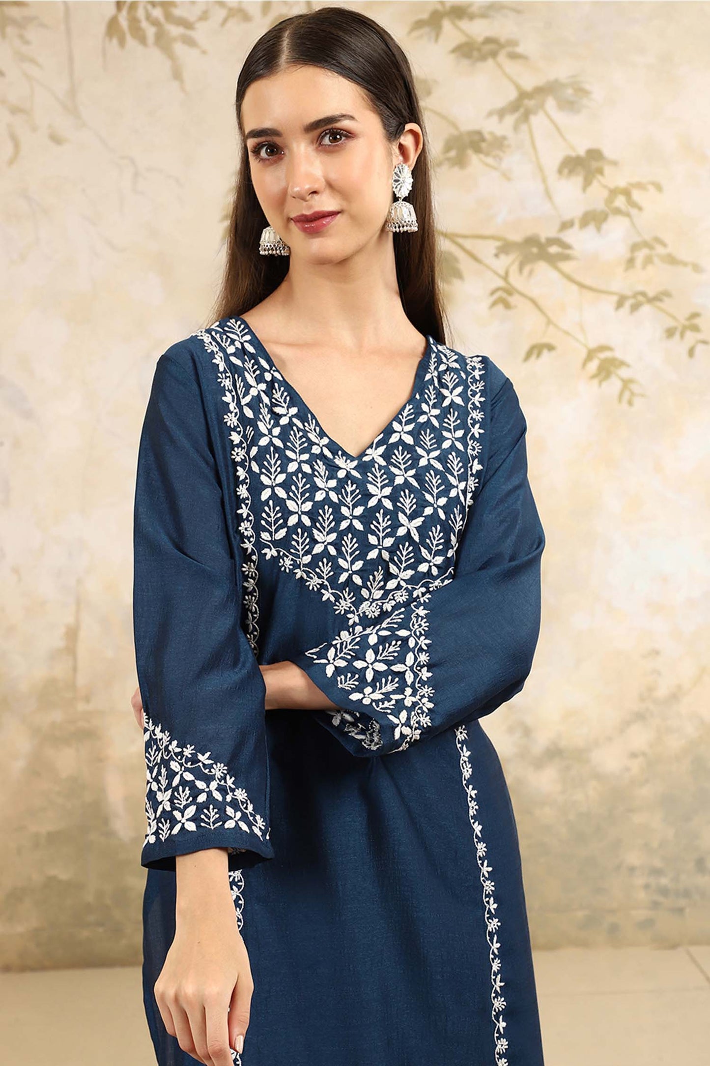 Prisha Blue Chikankari Kurta Set with Stylish White Yoke – V Neck