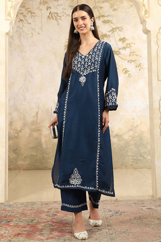 Prisha Blue Chikankari Kurta Set with Stylish White Yoke – V Neck