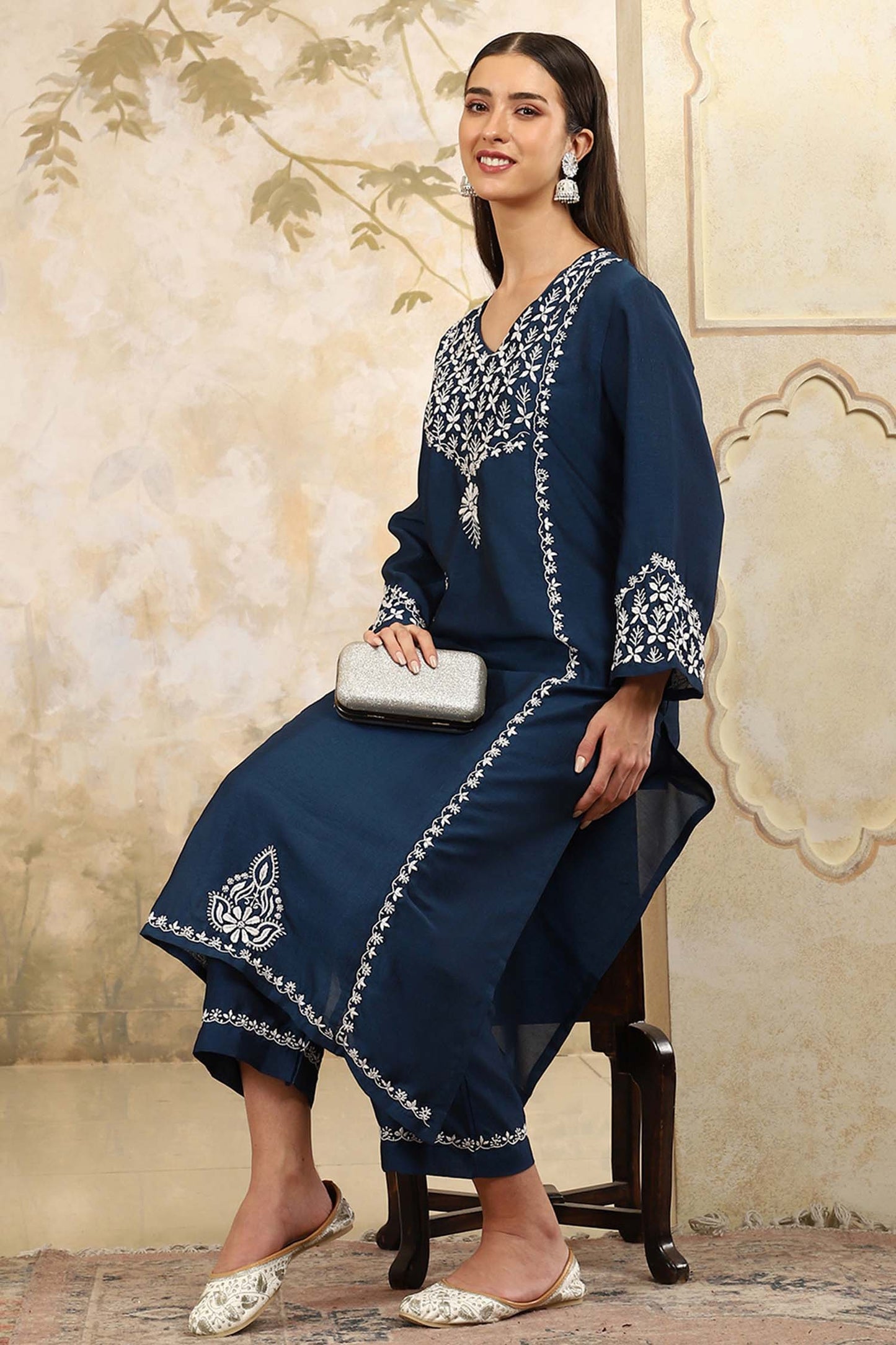 Prisha Blue Chikankari Kurta Set with Stylish White Yoke – V Neck