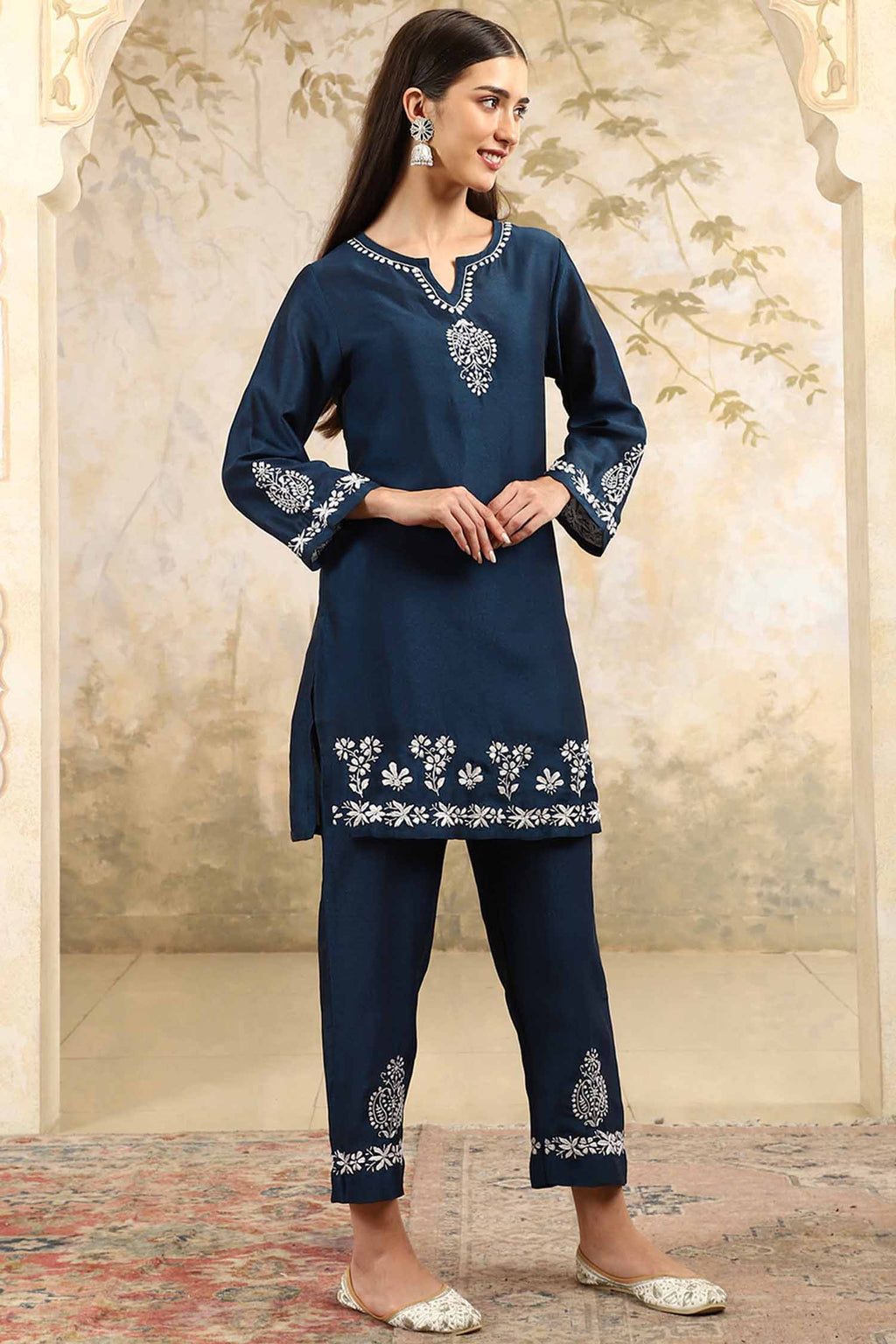 Yasmin Chikankari Kurta Set with White Thread – Notch Neck