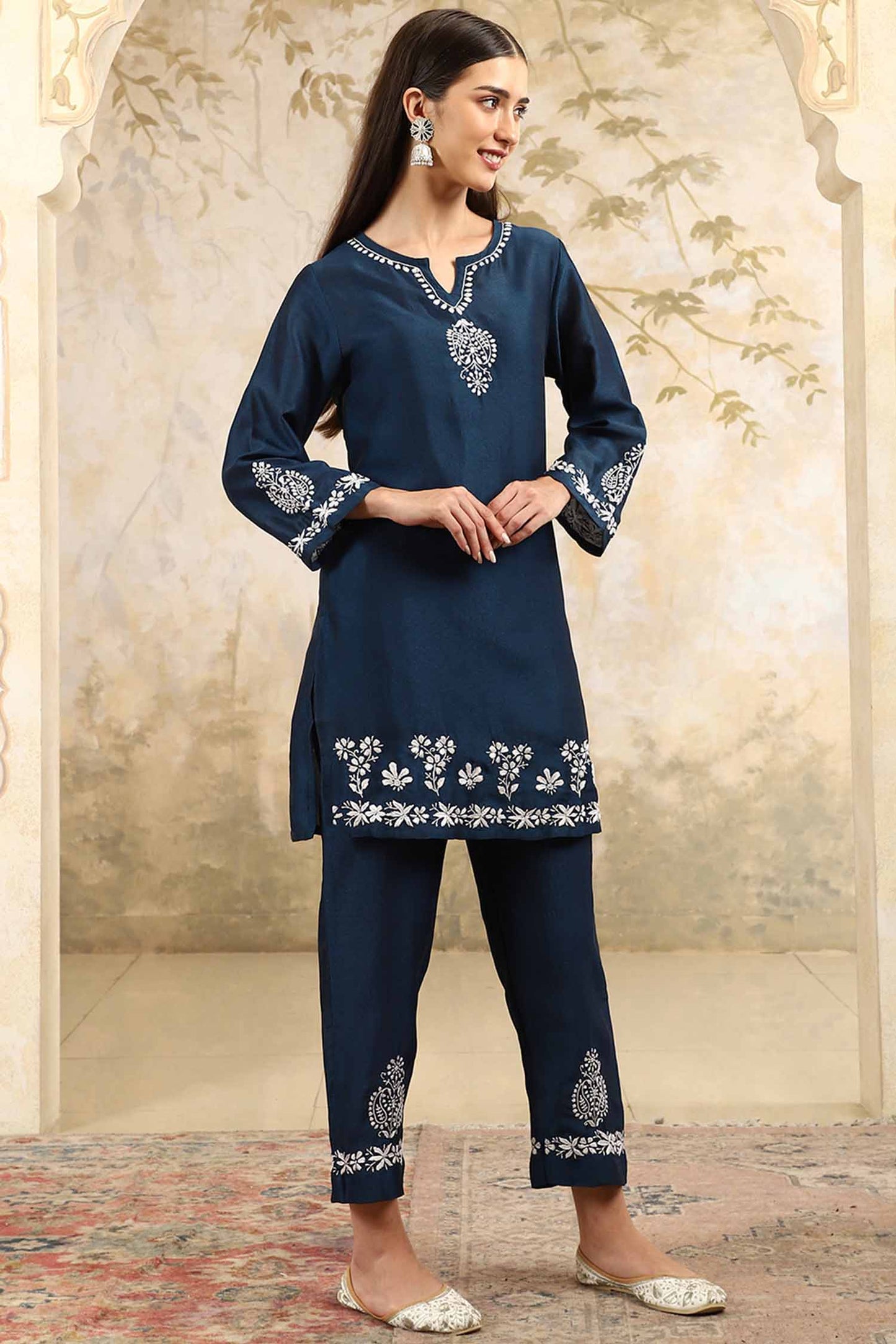 Yasmin Chikankari Kurta Set with White Thread – Notch Neck