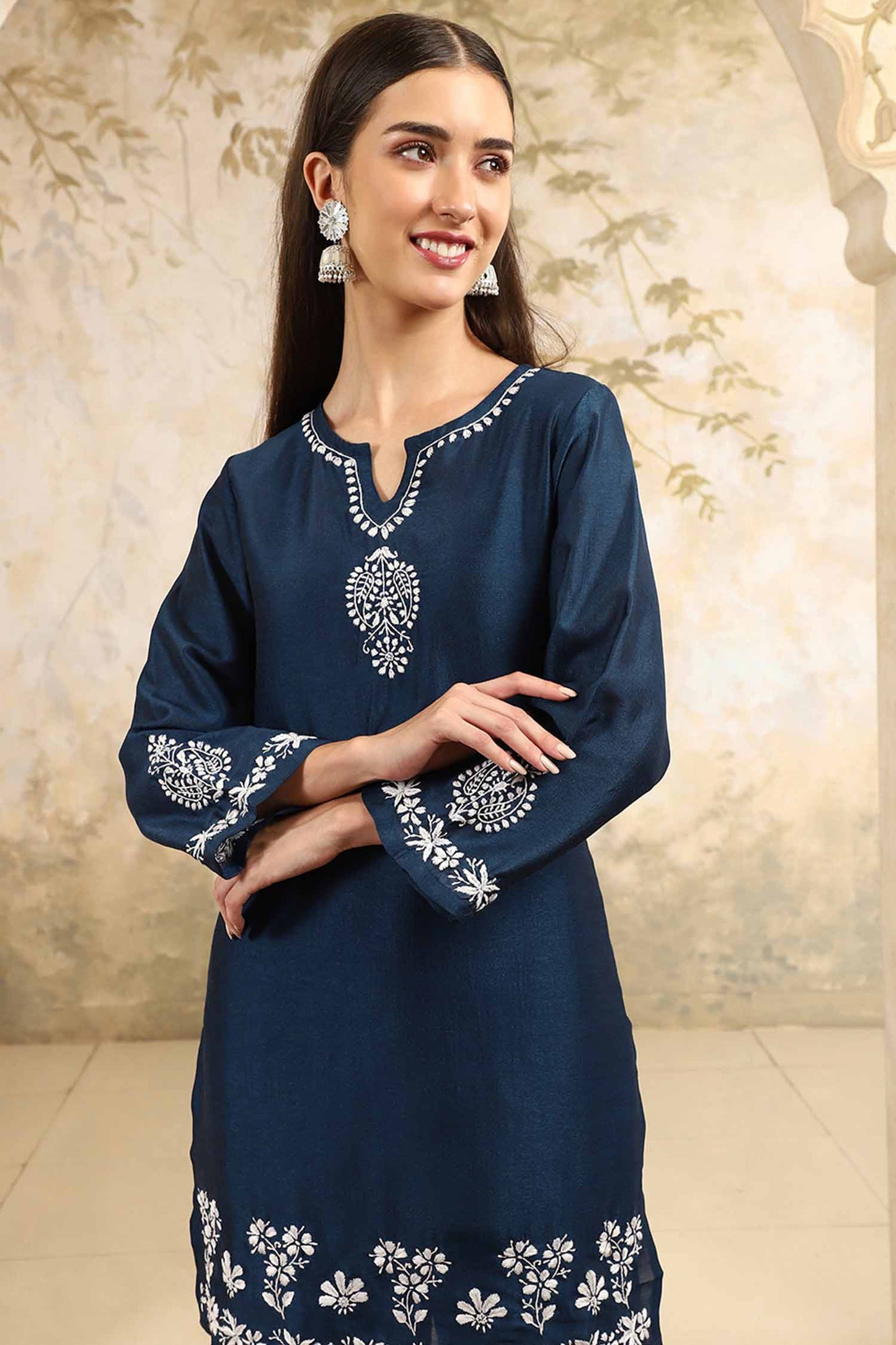 Yasmin Chikankari Kurta Set with White Thread – Notch Neck