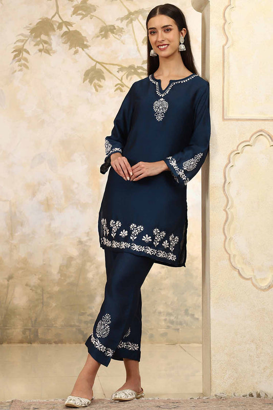 Yasmin Chikankari Kurta Set with White Thread – Notch Neck