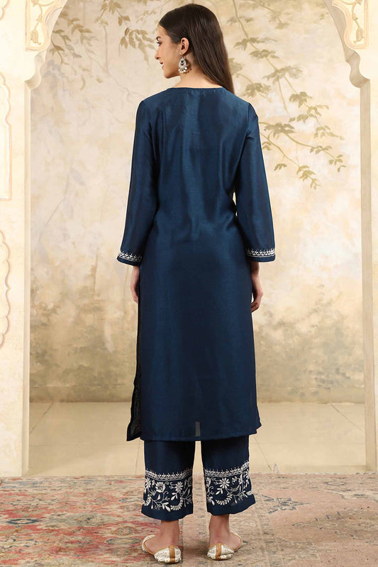 Samaira Blue Chikankari Kurta Set with White Border – Notch Neck