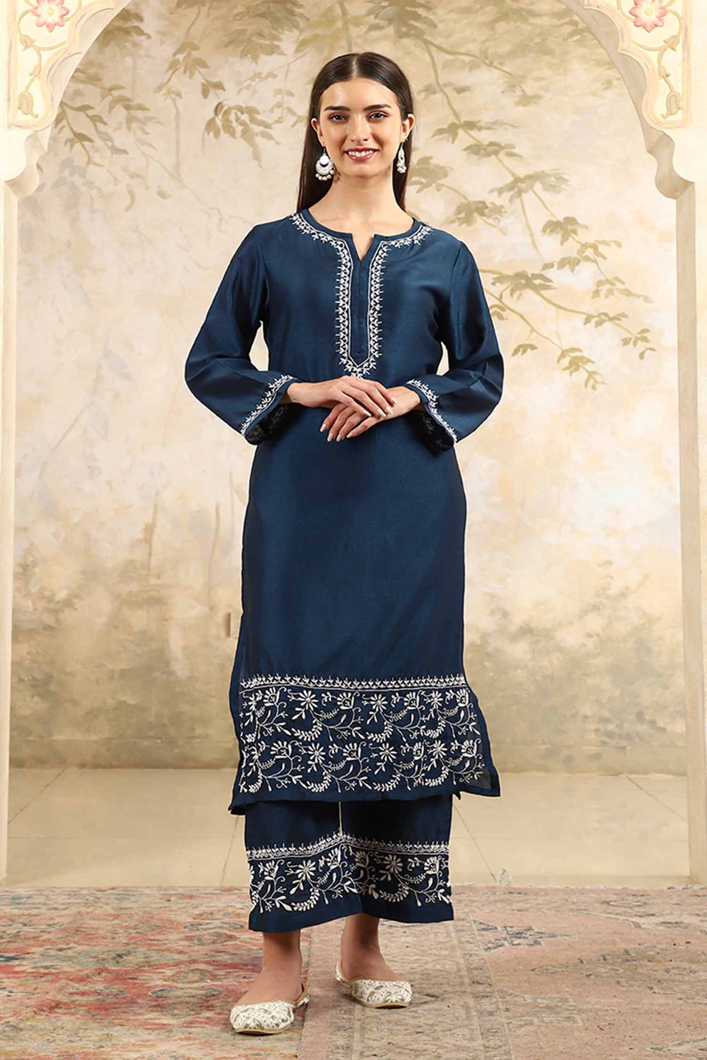 Samaira Blue Chikankari Kurta Set with White Border – Notch Neck