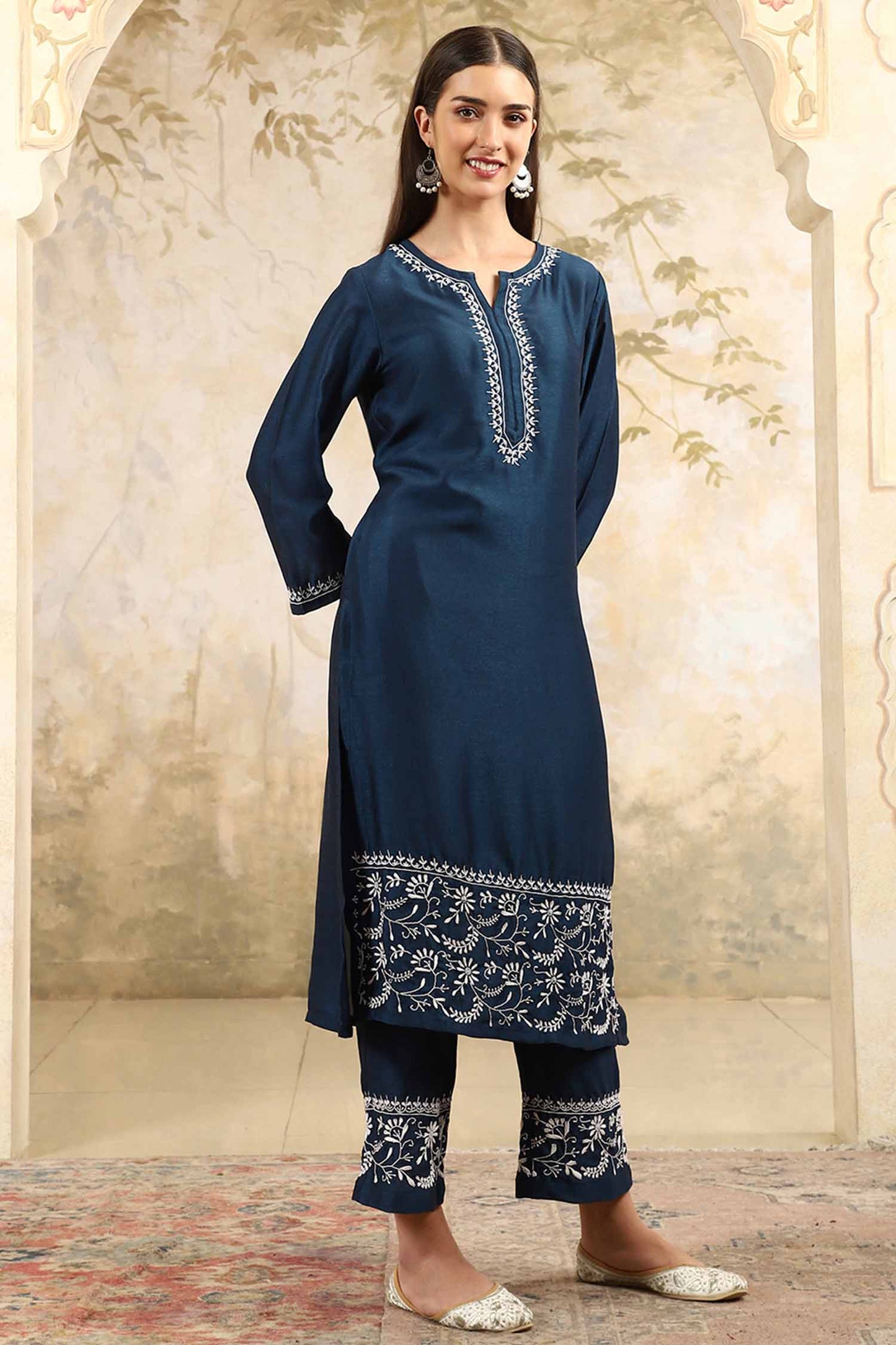 Samaira Blue Chikankari Kurta Set with White Border – Notch Neck