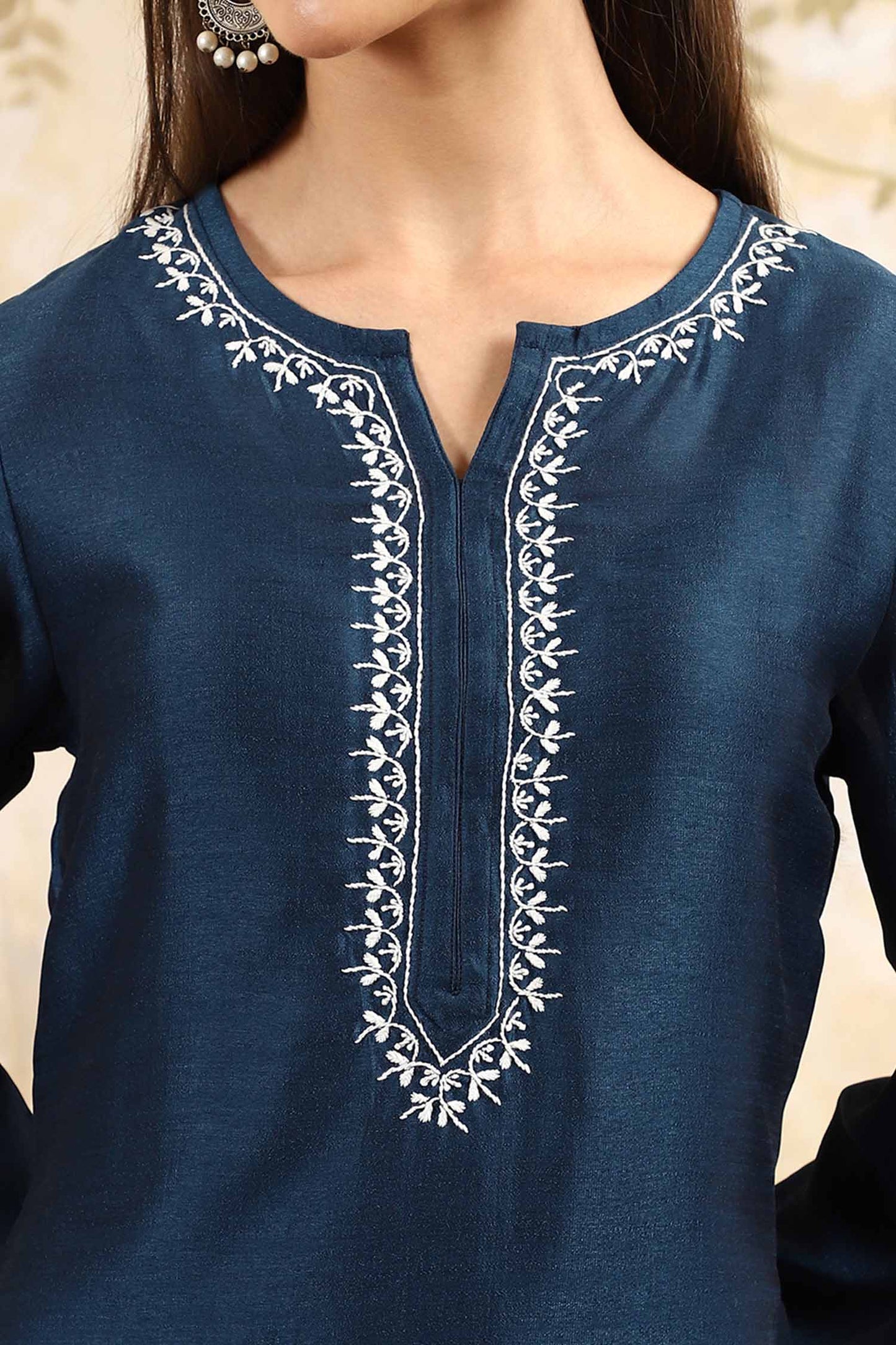 Samaira Blue Chikankari Kurta Set with White Border – Notch Neck