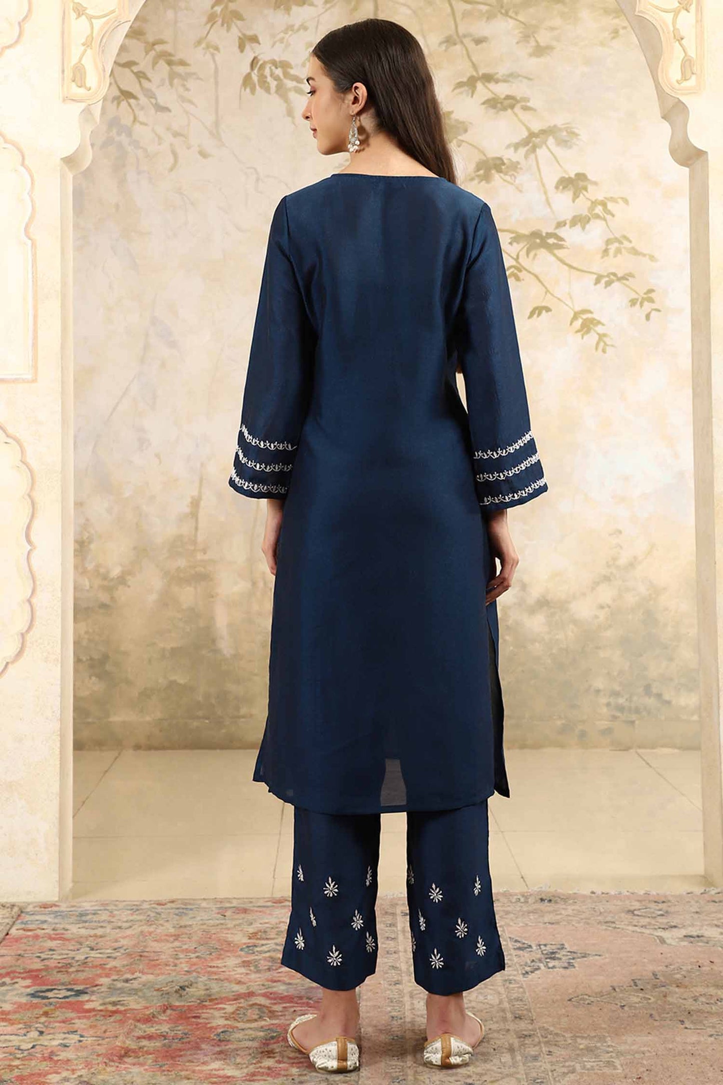 Zainab Blue Chikankari Kurta Set with White Yoke – Notch Neck