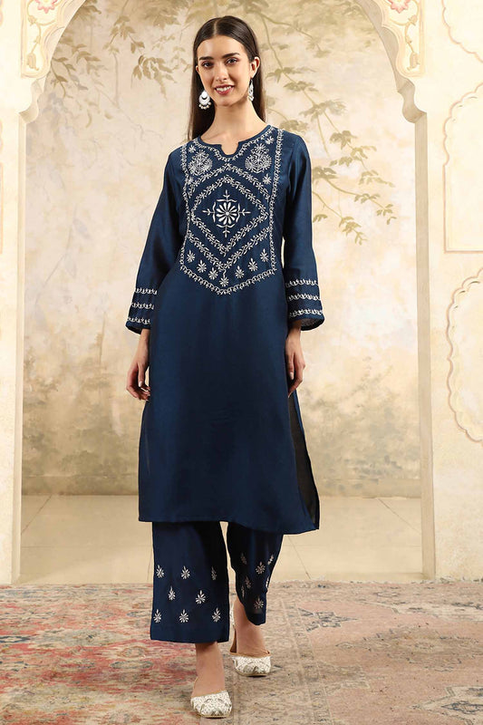Zainab Blue Chikankari Kurta Set with White Yoke – Notch Neck