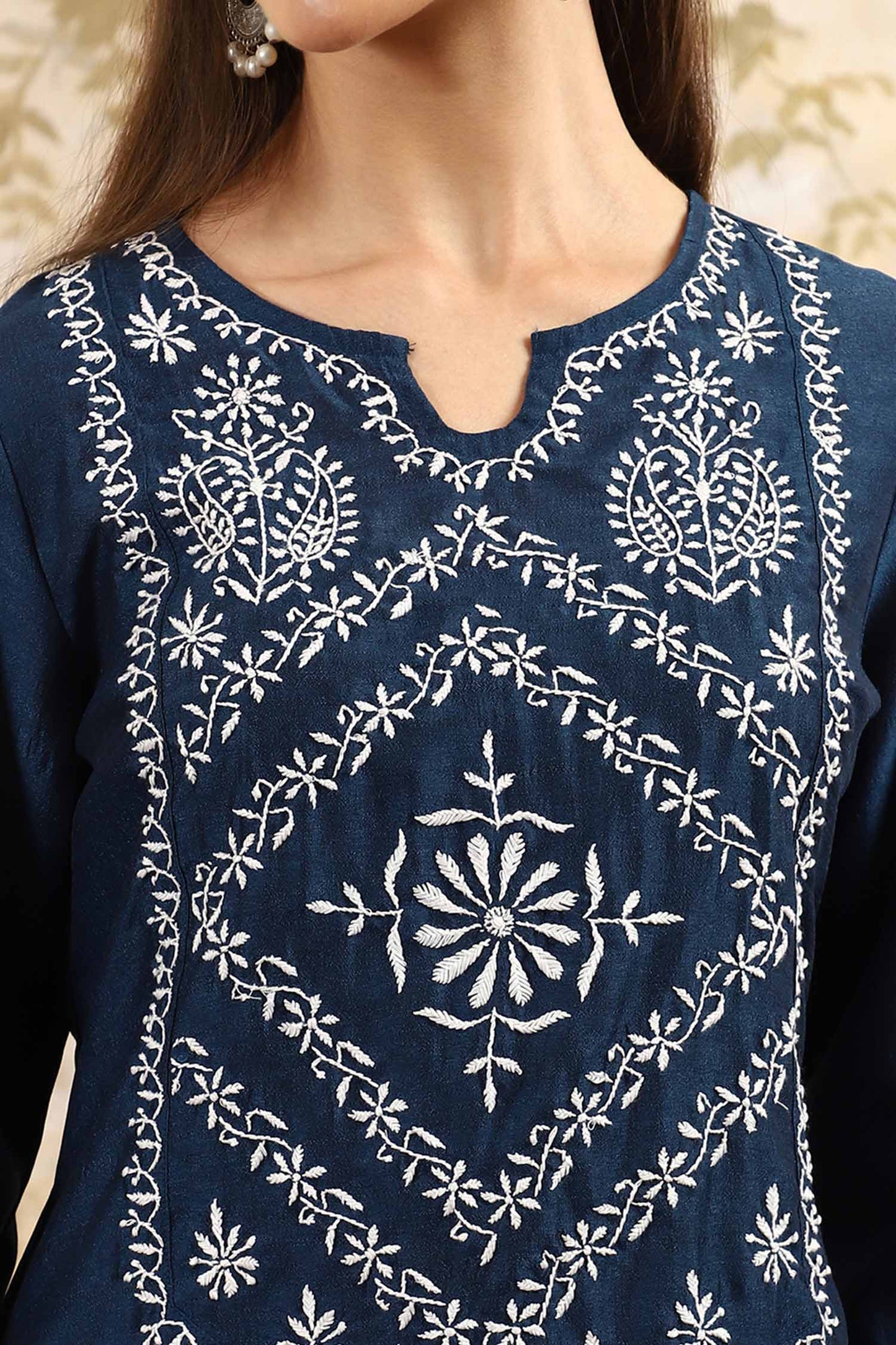 Zainab Blue Chikankari Kurta Set with White Yoke – Notch Neck