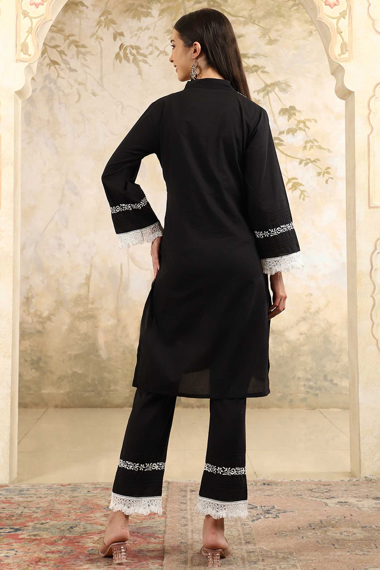 Saba  Black Chikankari Kurta Set with White Thread & Lace