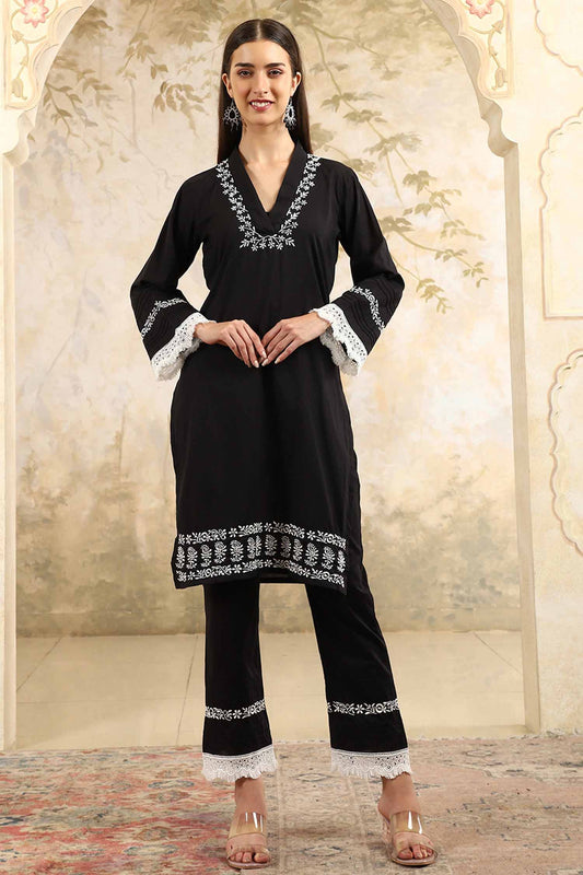 Saba  Black Chikankari Kurta Set with White Thread & Lace