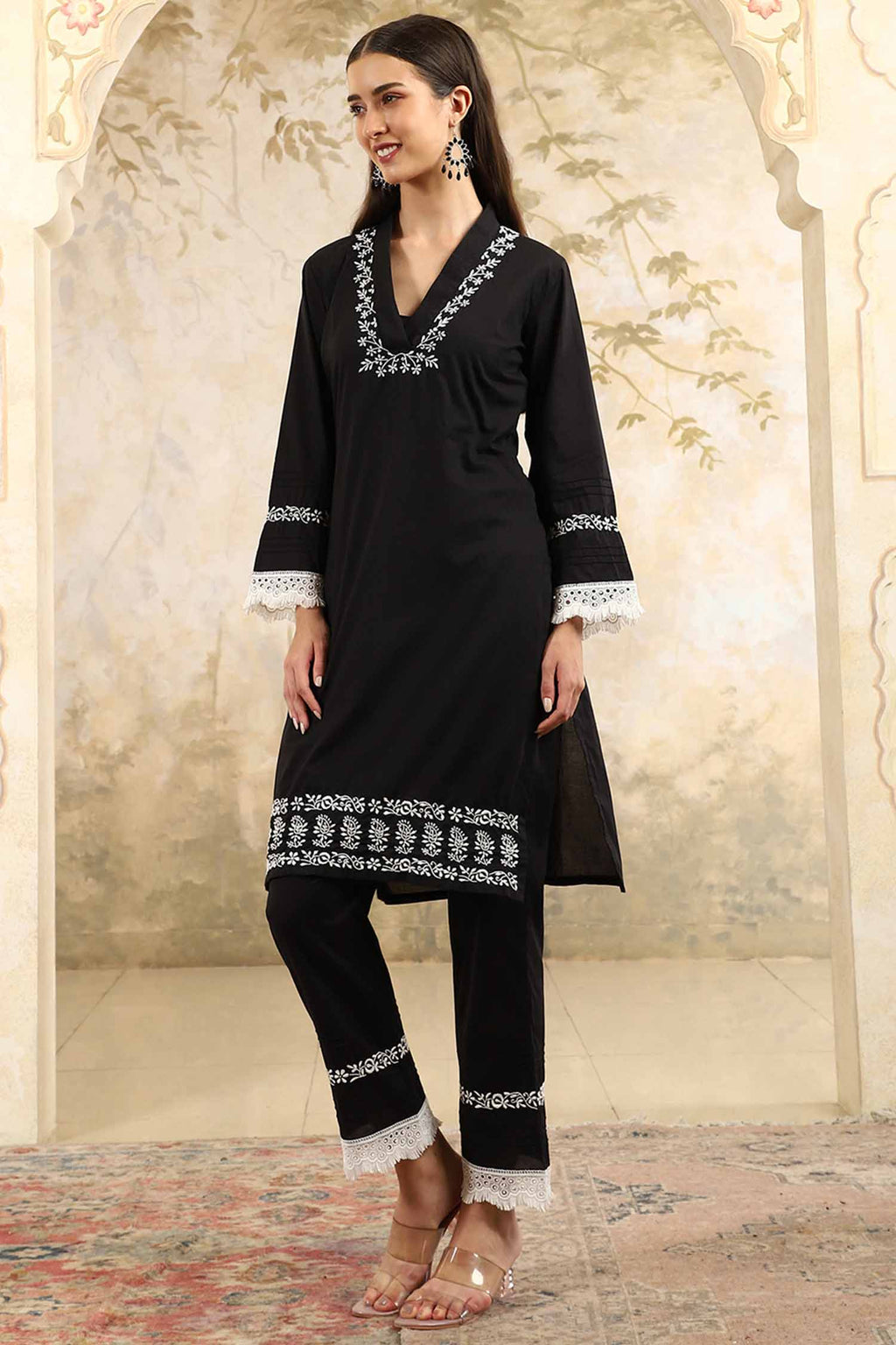 Saba  Black Chikankari Kurta Set with White Thread & Lace