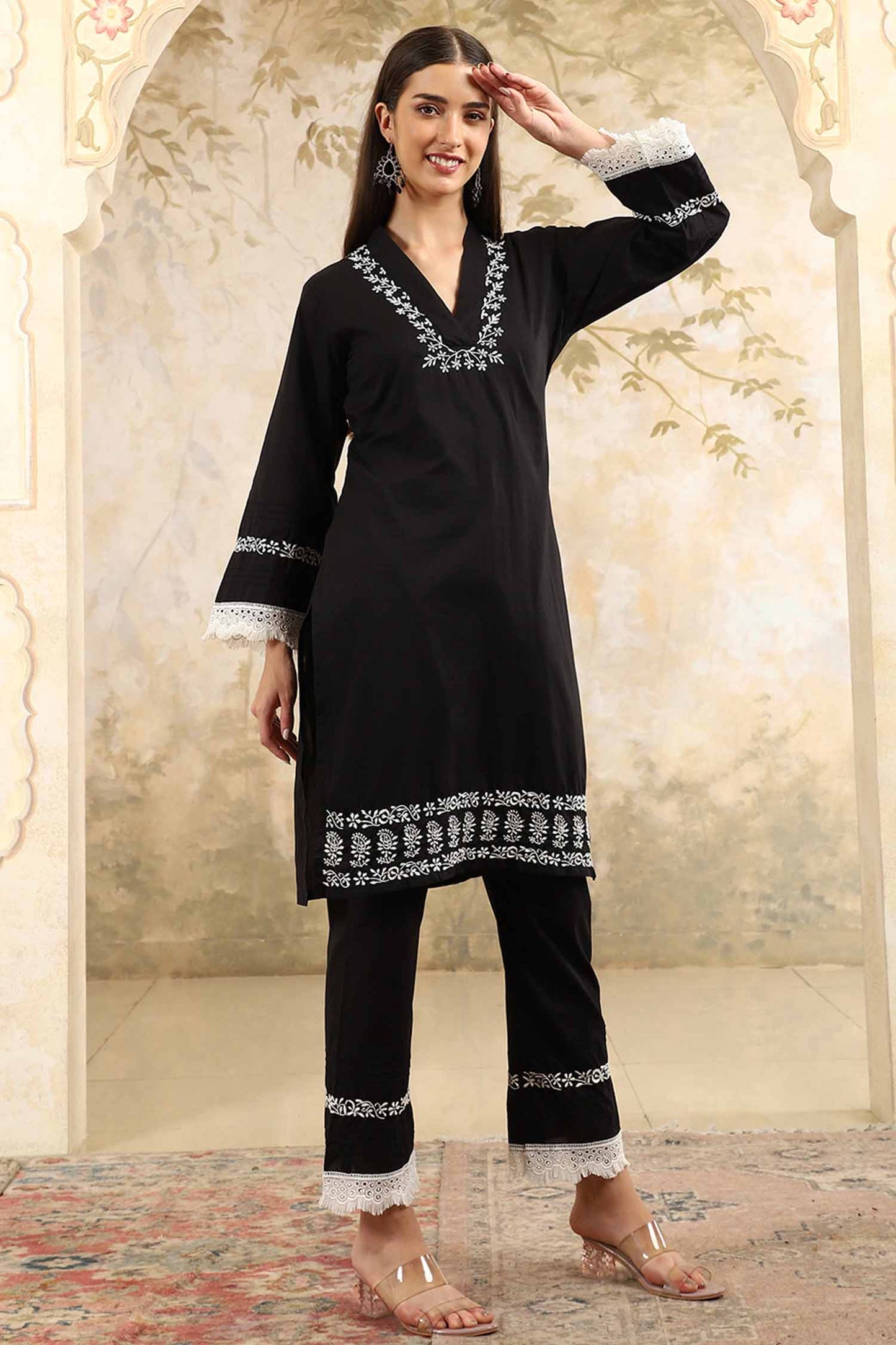 Saba  Black Chikankari Kurta Set with White Thread & Lace