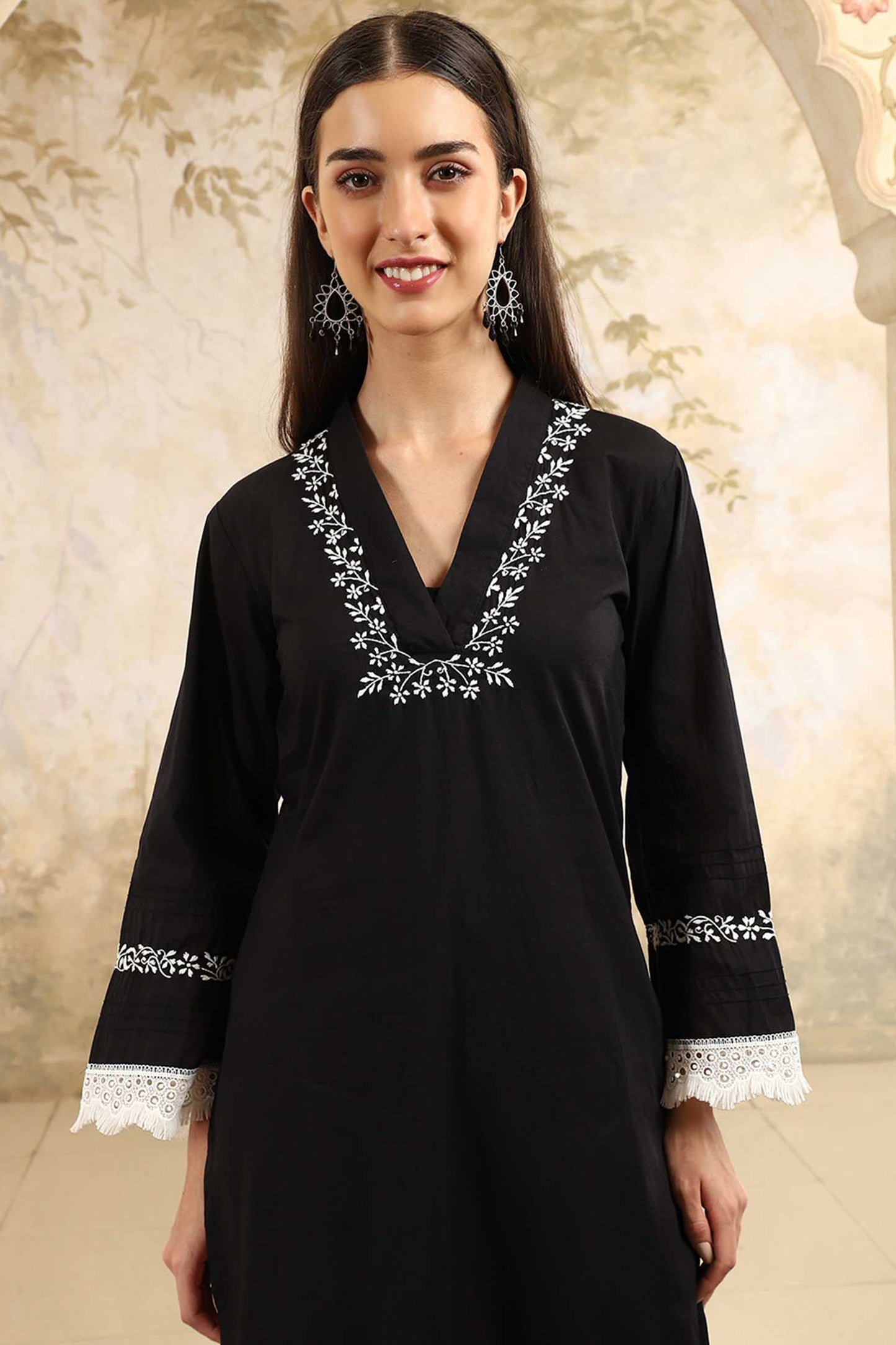 Saba  Black Chikankari Kurta Set with White Thread & Lace