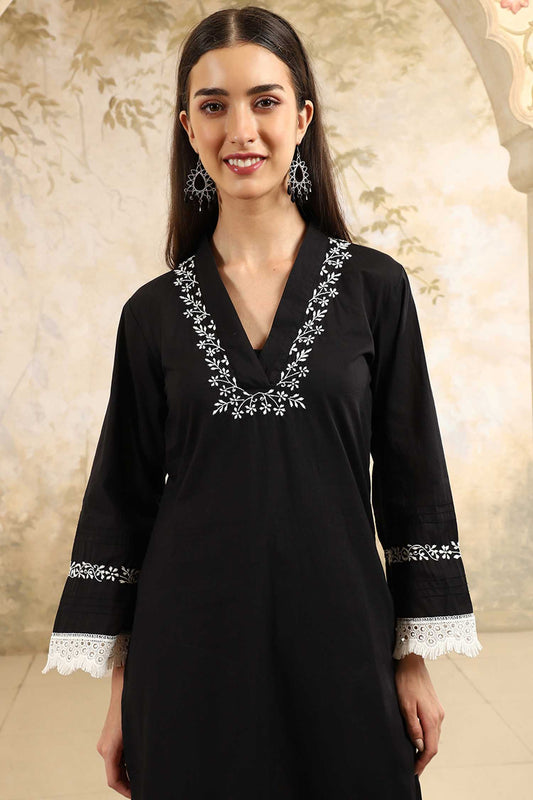 Saba  Black Chikankari Kurta Set with White Thread & Lace