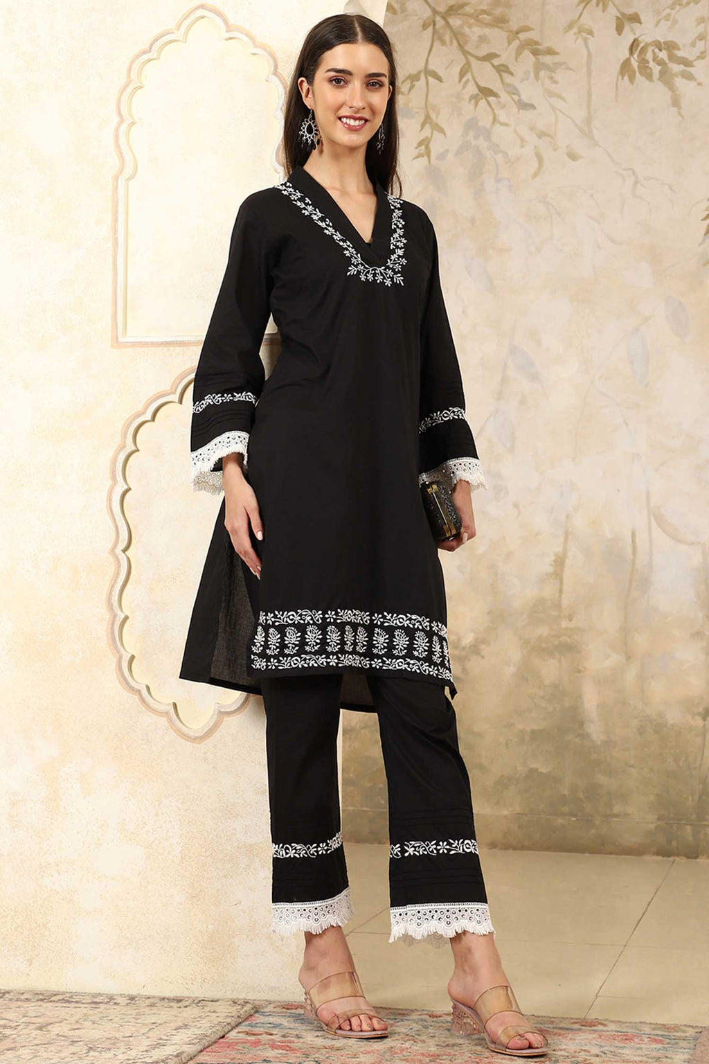 Saba  Black Chikankari Kurta Set with White Thread & Lace