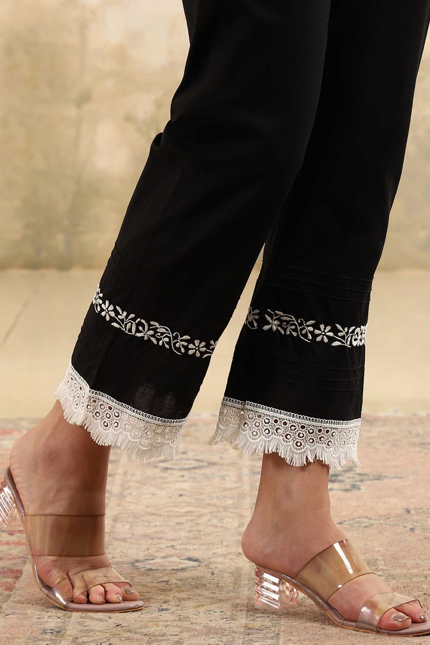 Saba  Black Chikankari Kurta Set with White Thread & Lace