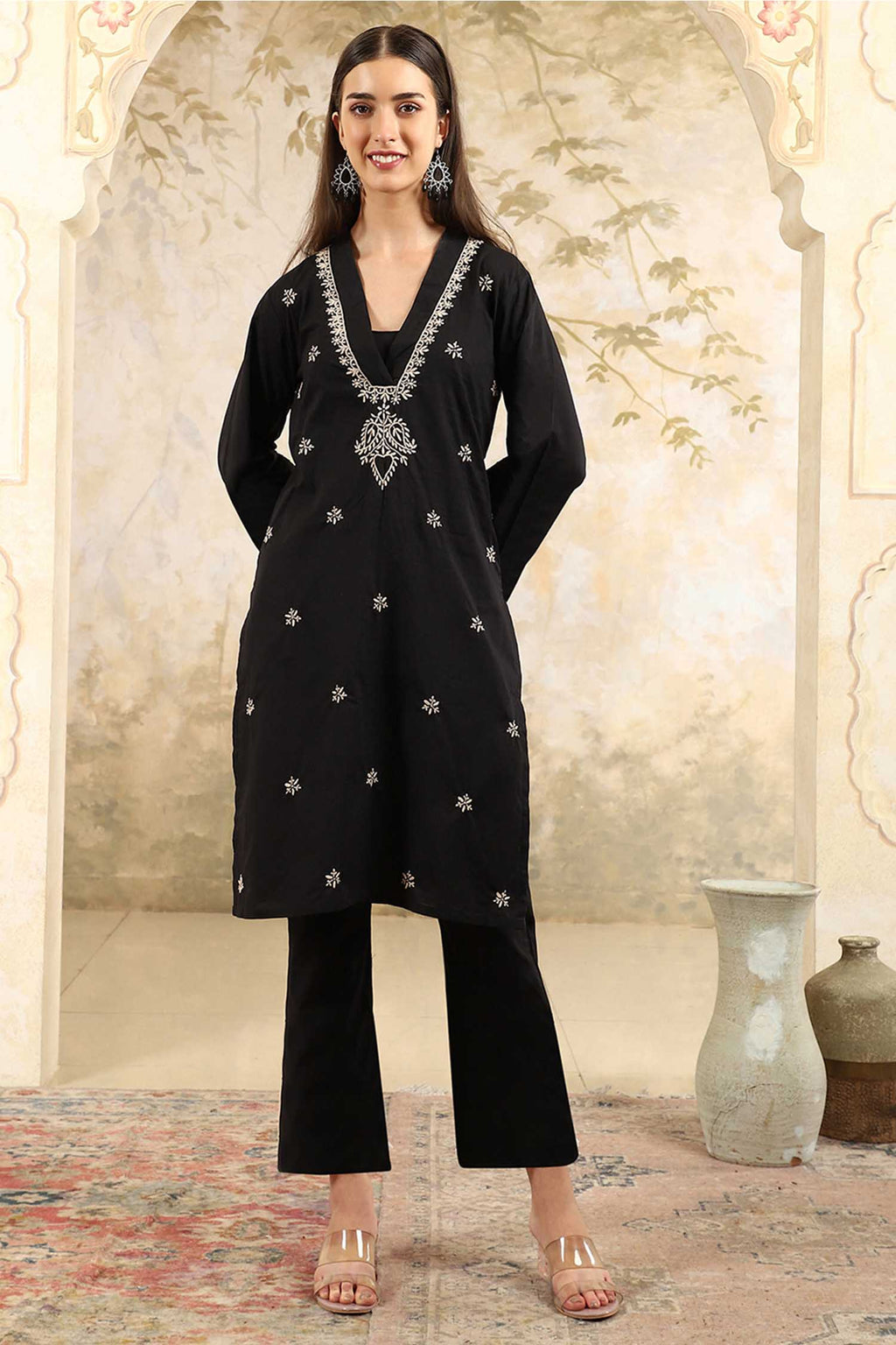 Aranya Black Chikankari Kurta Set with V-Neck