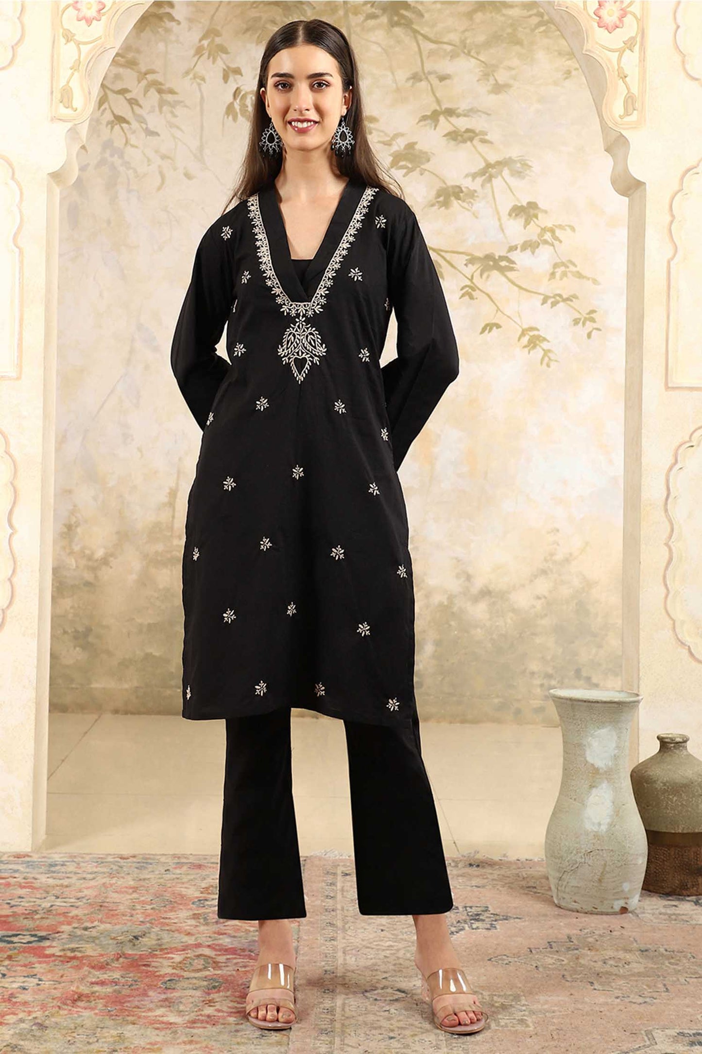 Aranya Black Chikankari Kurta Set with V-Neck