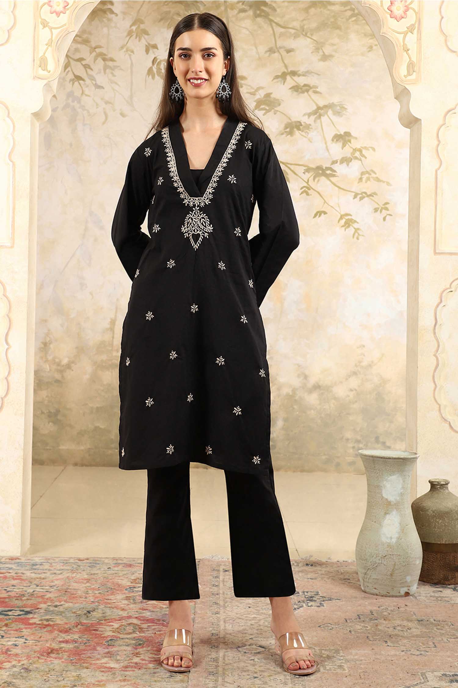 Aranya Black Chikankari Kurta Set with V-Neck