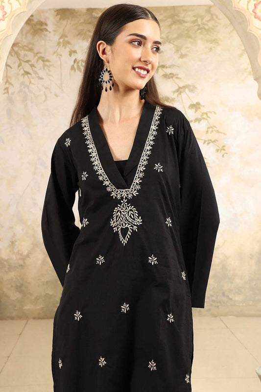 Aranya Black Chikankari Kurta Set with V-Neck