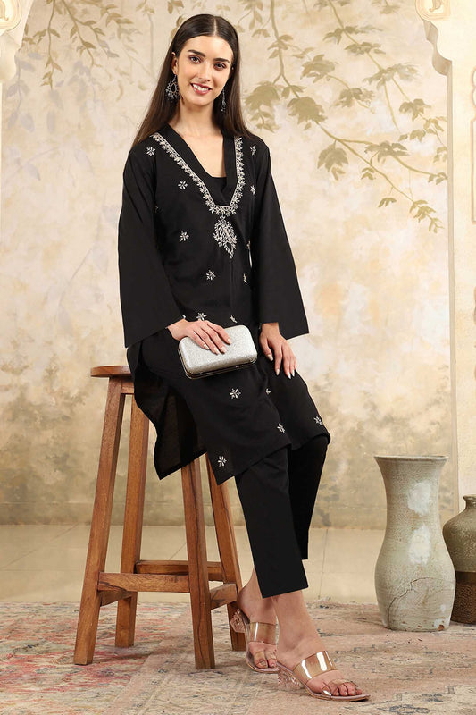 Aranya Black Chikankari Kurta Set with V-Neck