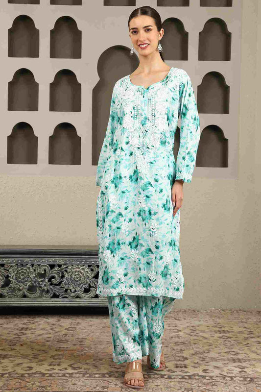 Inaya  Green Floral Print Chikankari Kurta Set with White Thread – Notch Neck