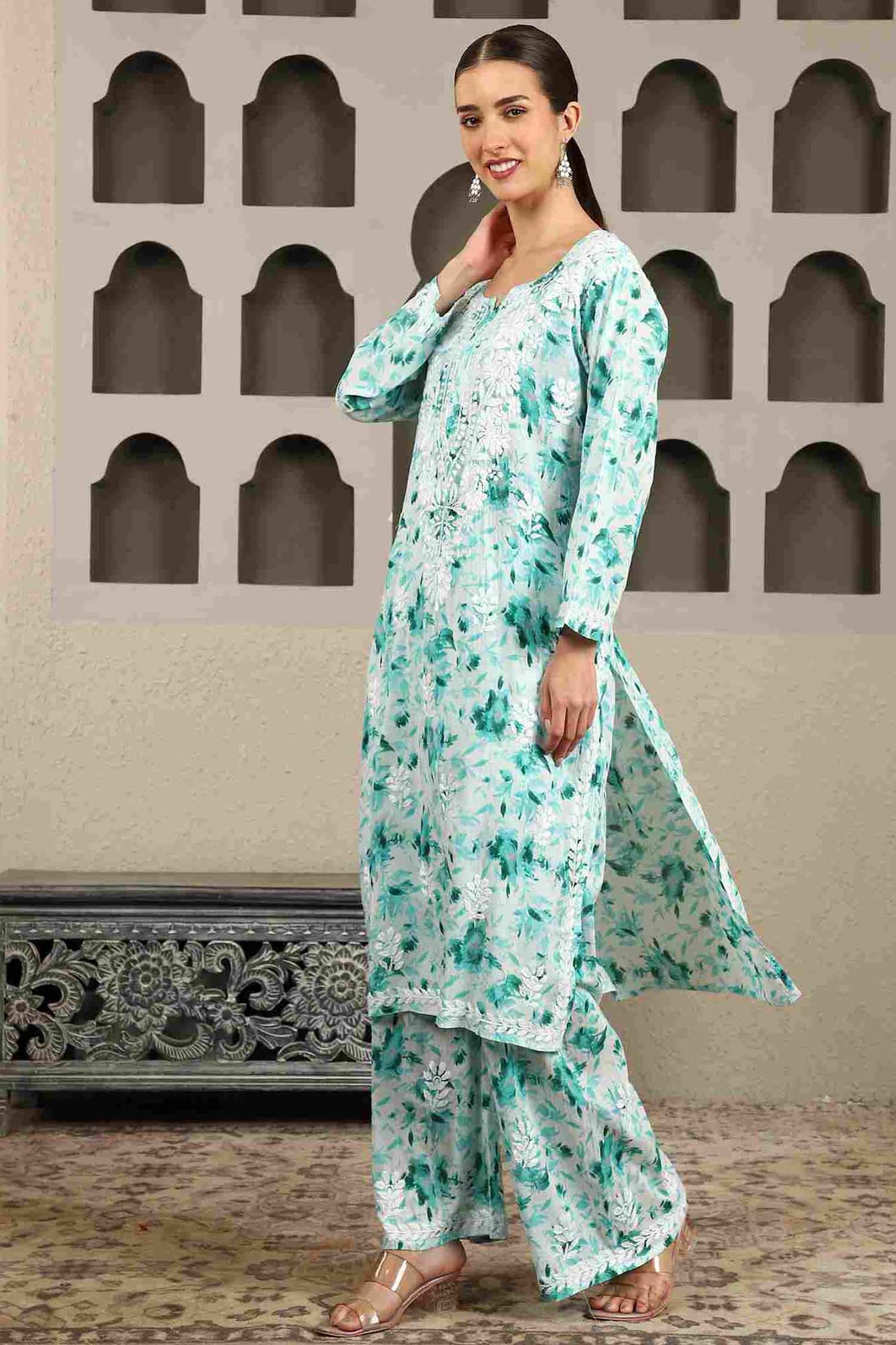 Inaya  Green Floral Print Chikankari Kurta Set with White Thread – Notch Neck
