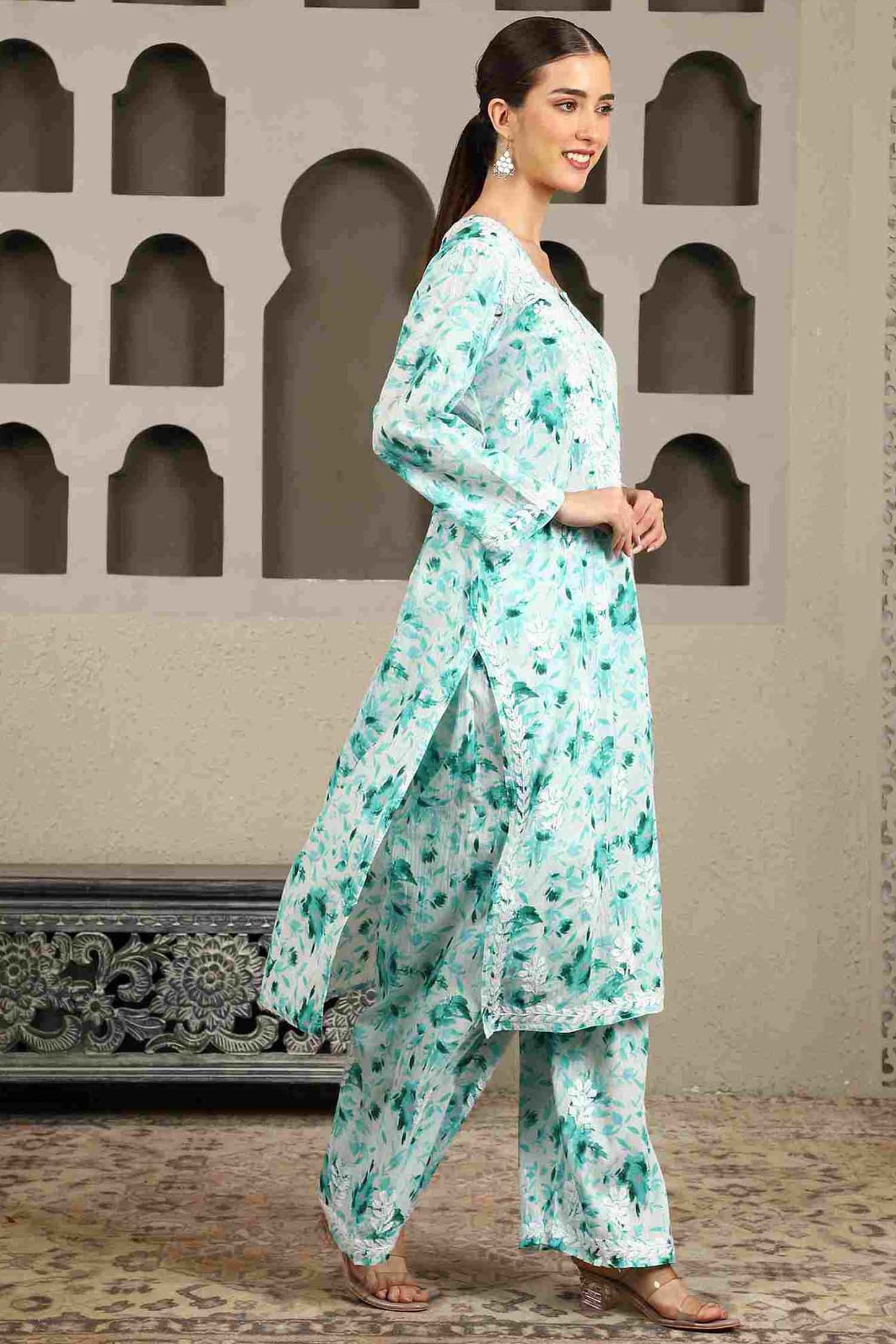 Inaya  Green Floral Print Chikankari Kurta Set with White Thread – Notch Neck
