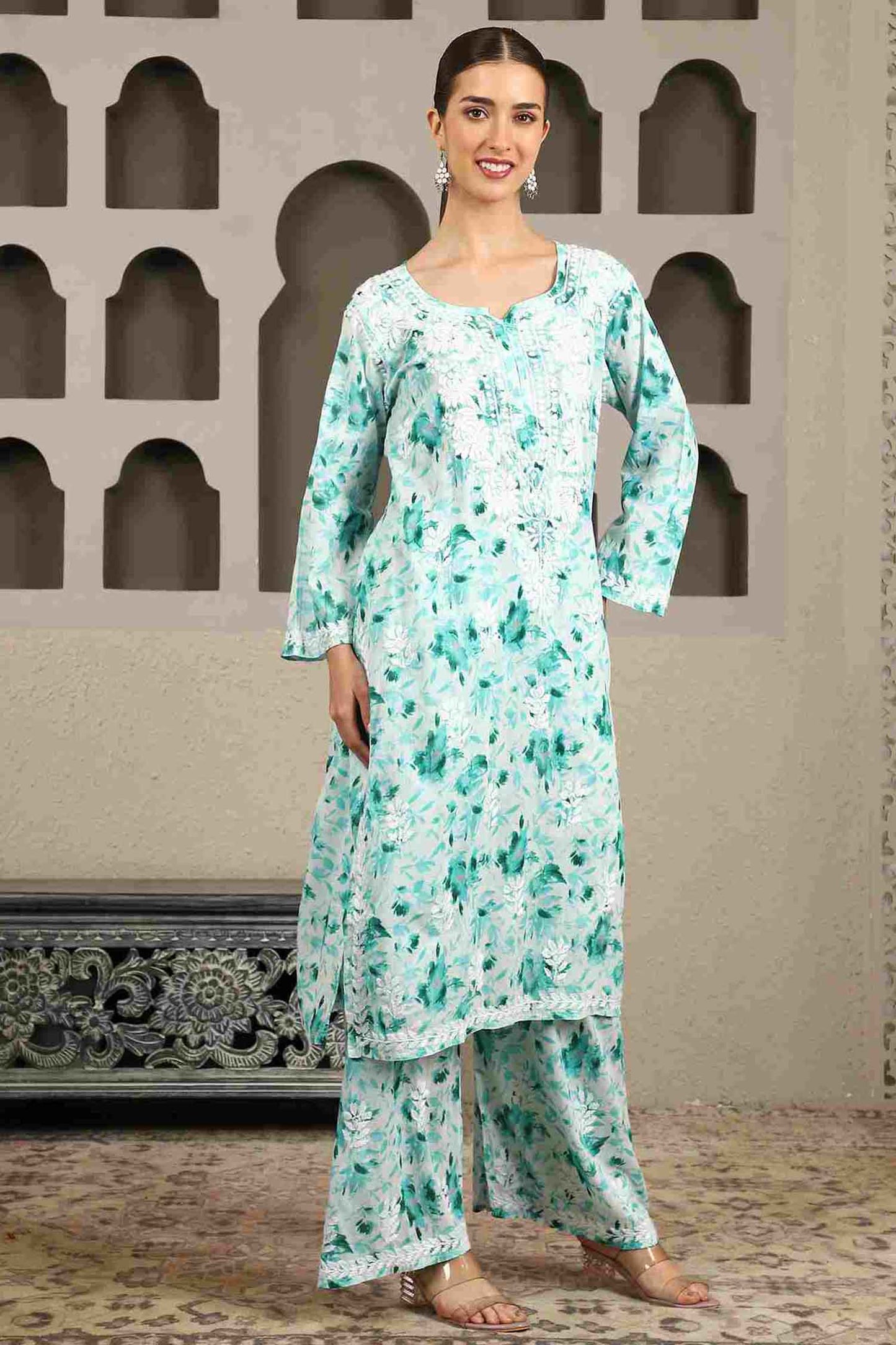 Inaya  Green Floral Print Chikankari Kurta Set with White Thread – Notch Neck