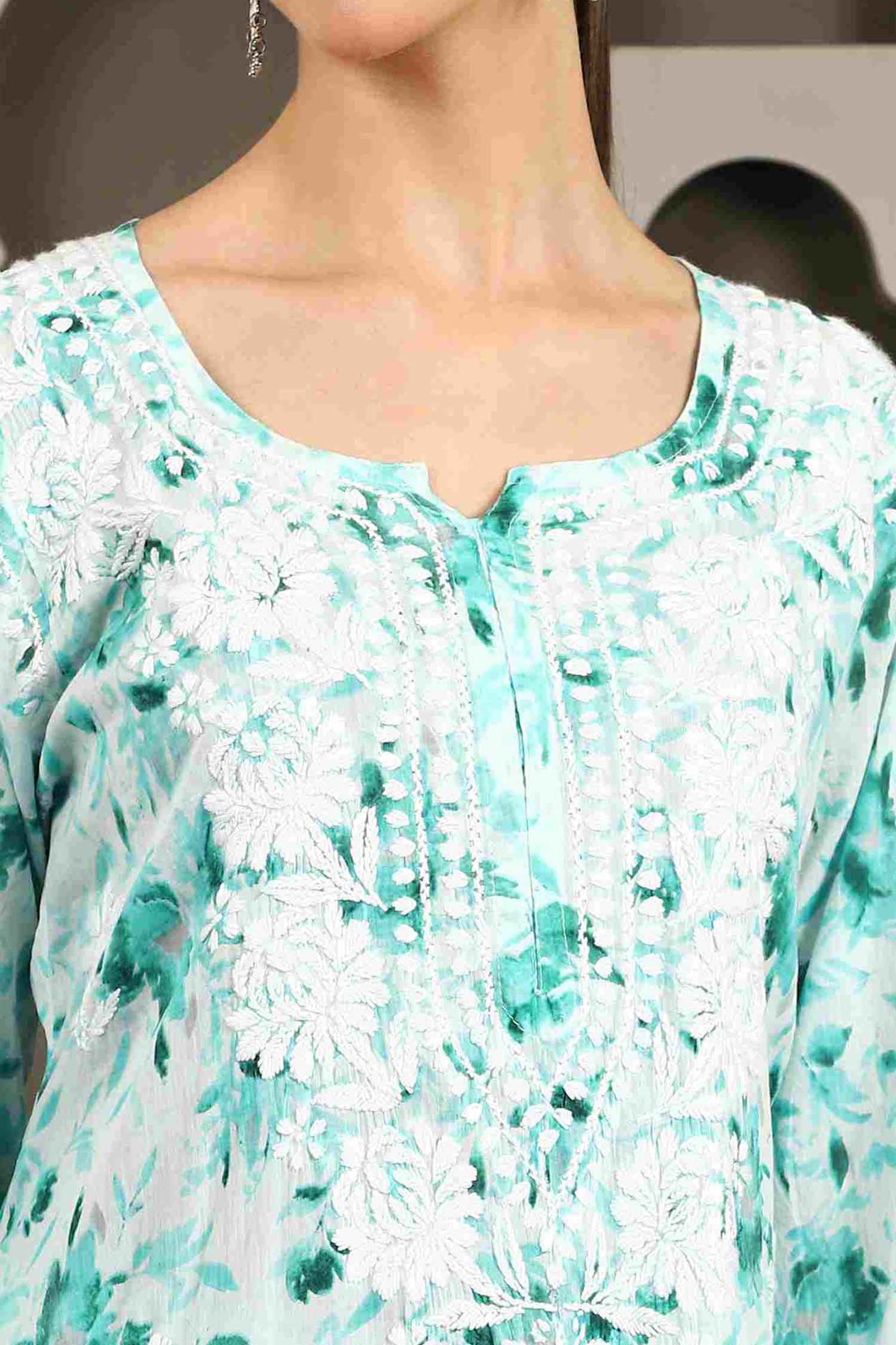 Inaya  Green Floral Print Chikankari Kurta Set with White Thread – Notch Neck