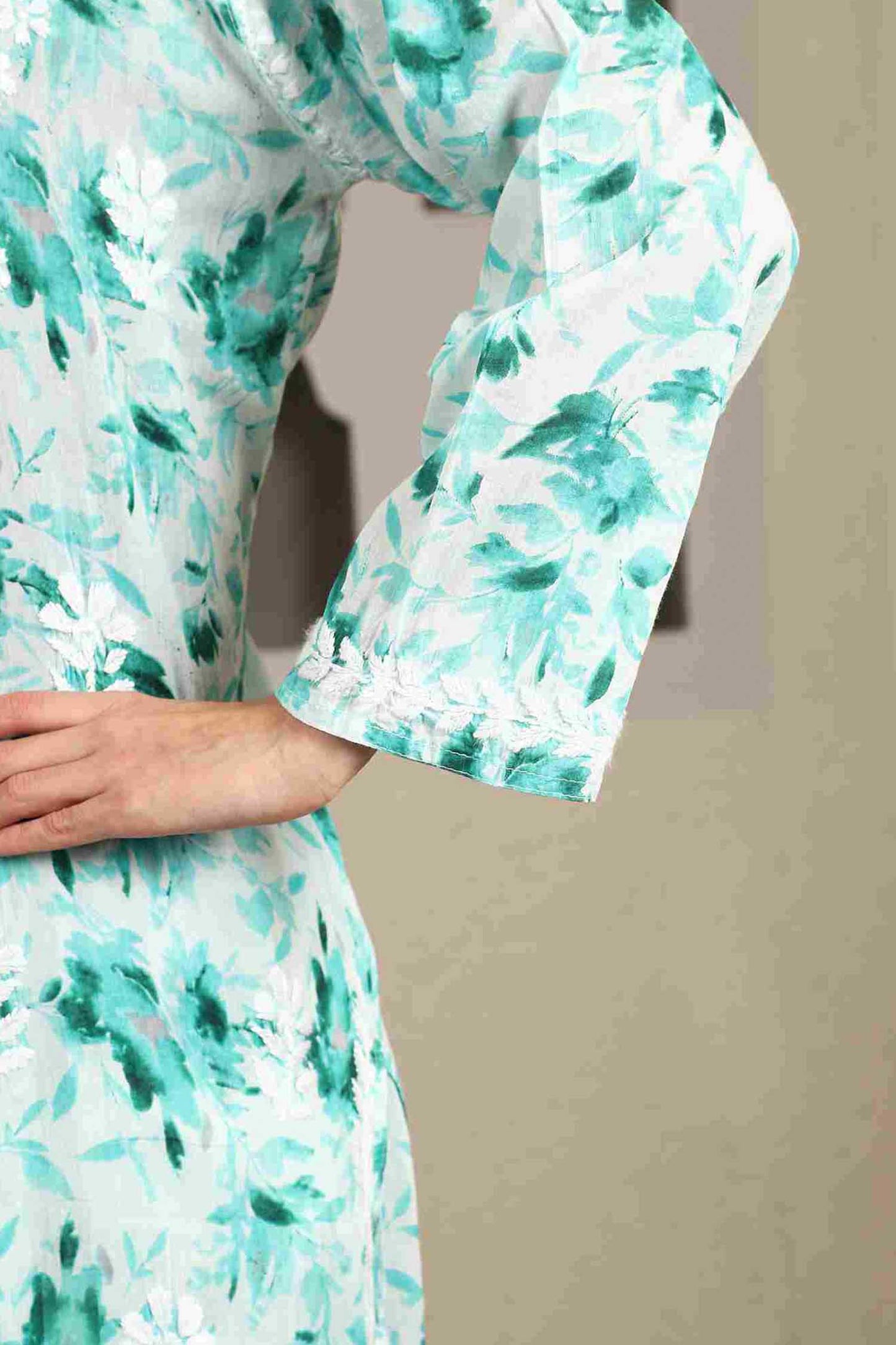 Inaya  Green Floral Print Chikankari Kurta Set with White Thread – Notch Neck