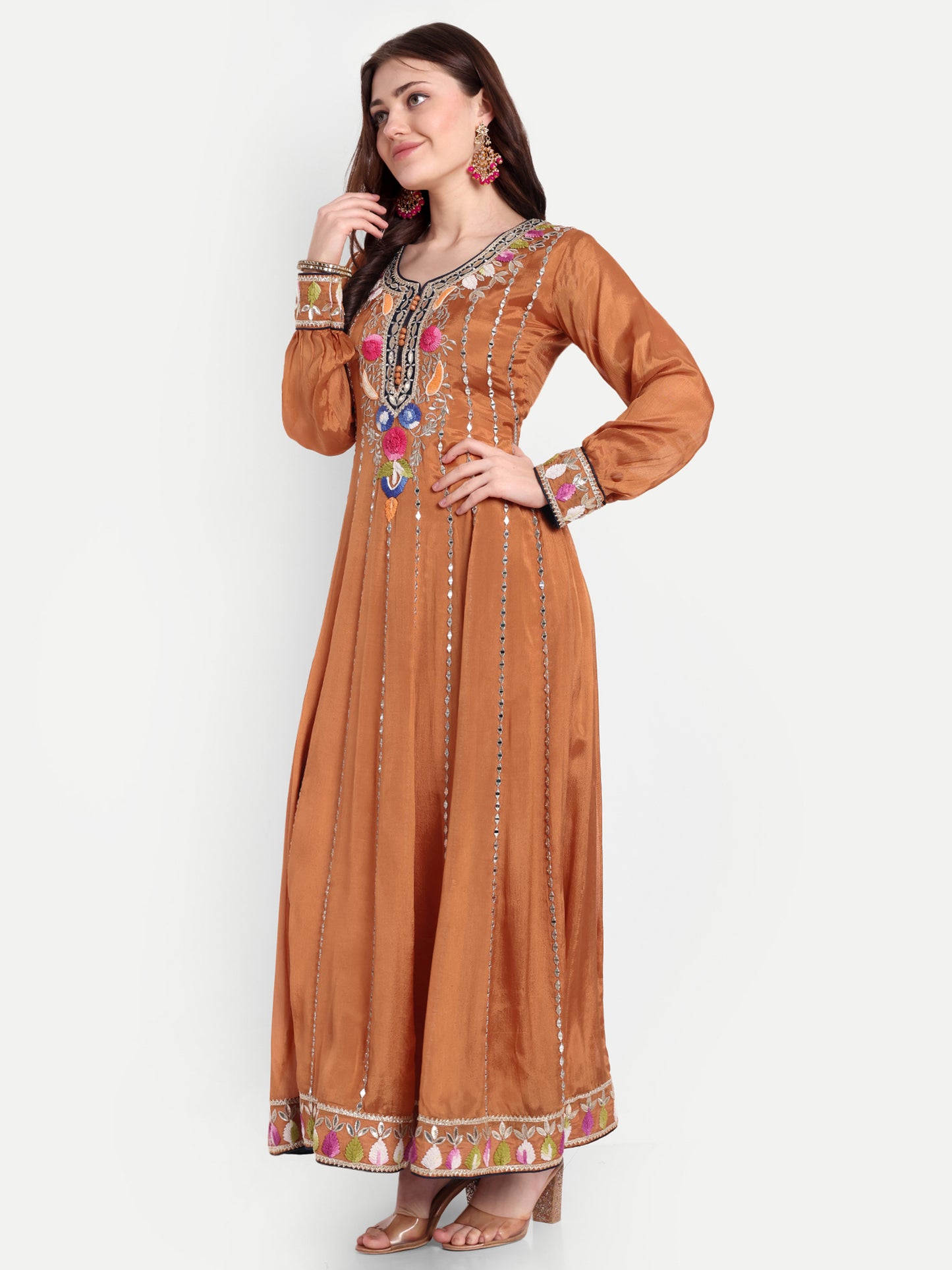 Stunning Brown Anarkali Frock with Matching Embroidery Dupatta