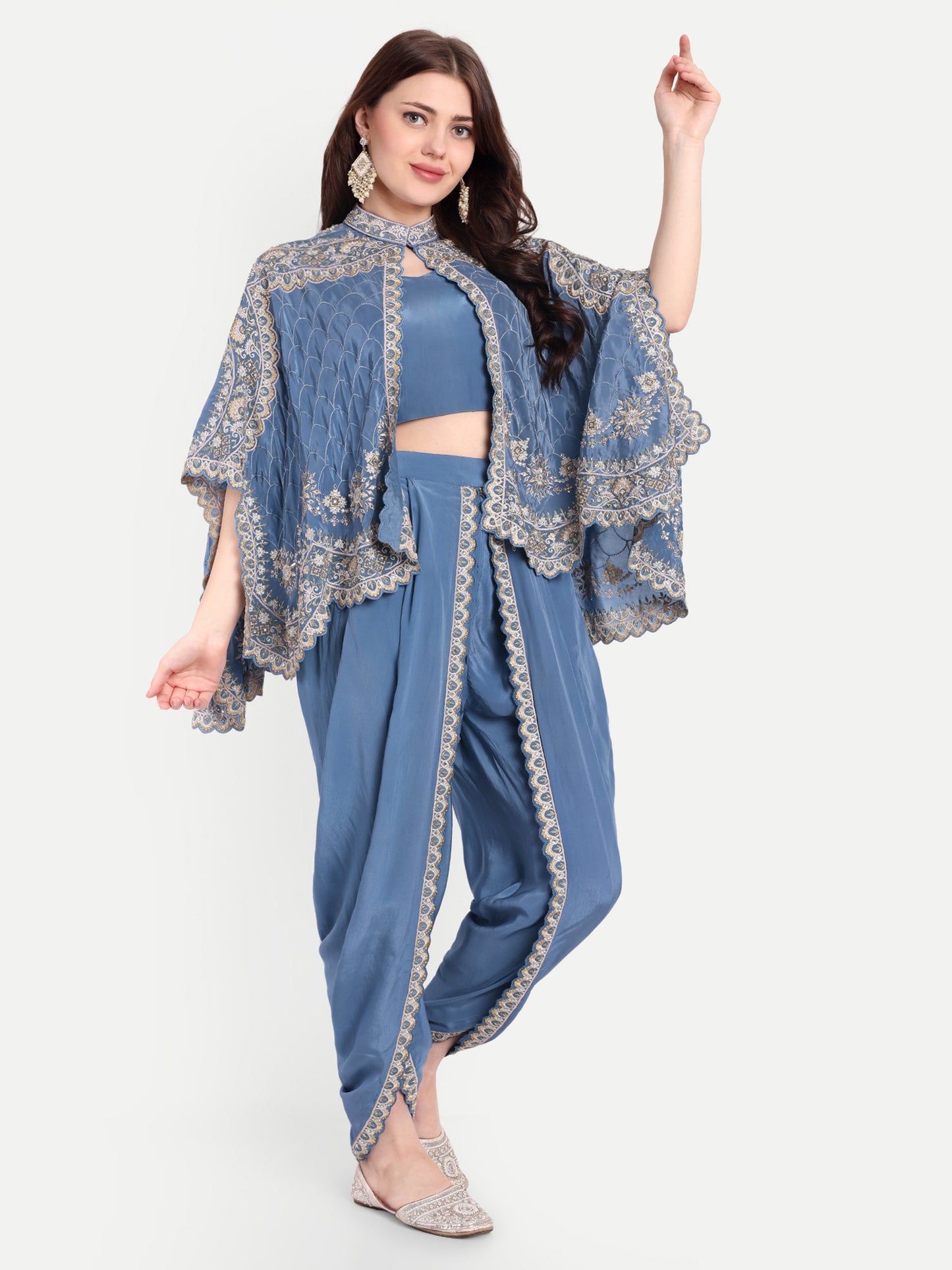 Fashion-Forward Blue Dhoti with Blouse & Cape Jacket Stone Work