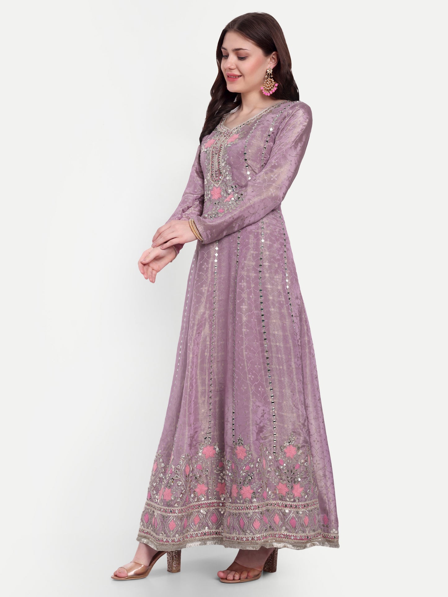 Chic Pink V-neck Anarkali Frock Suit with Border Design