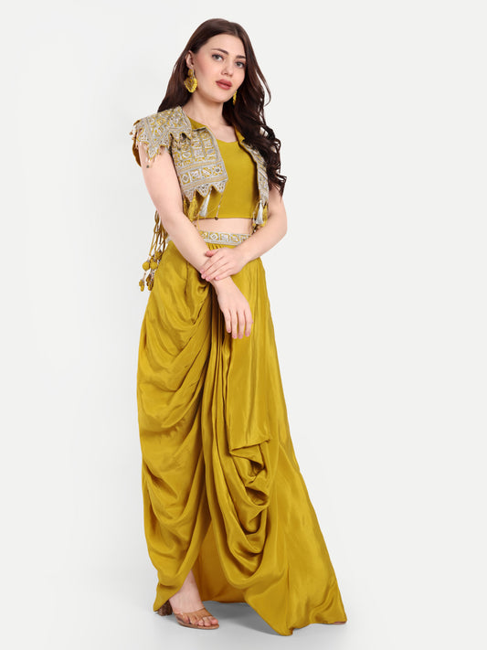 Chic Mustard Yellow Embroidered Jacket & Dhoti Combo