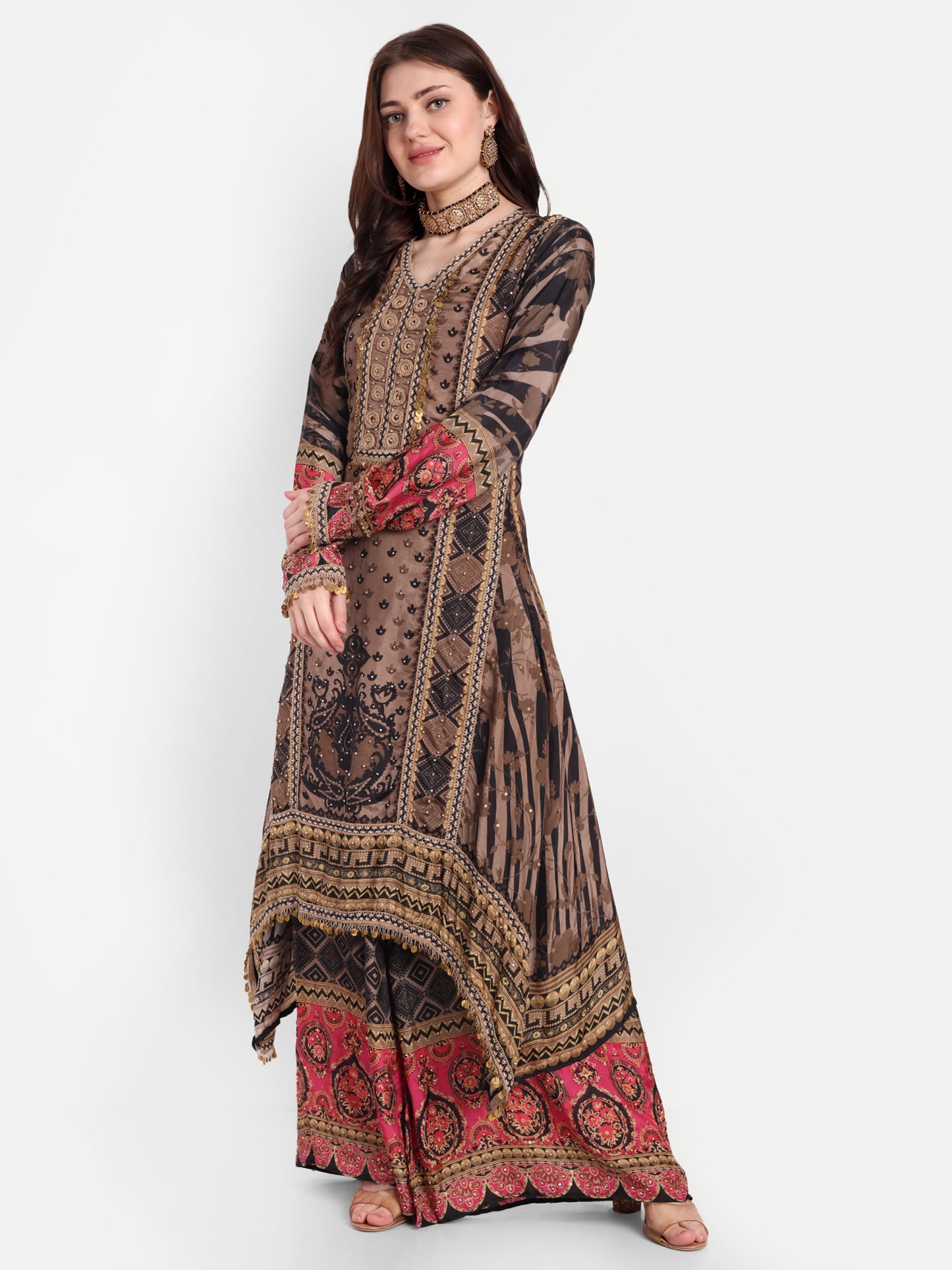 Chic Black and Brown Suit with Palazzo, Dupatta & Potli