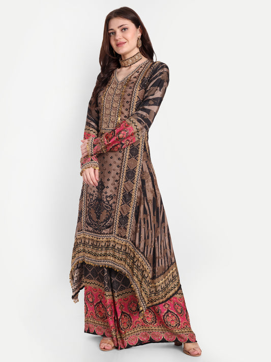 Chic Black and Brown Suit with Palazzo, Dupatta & Potli