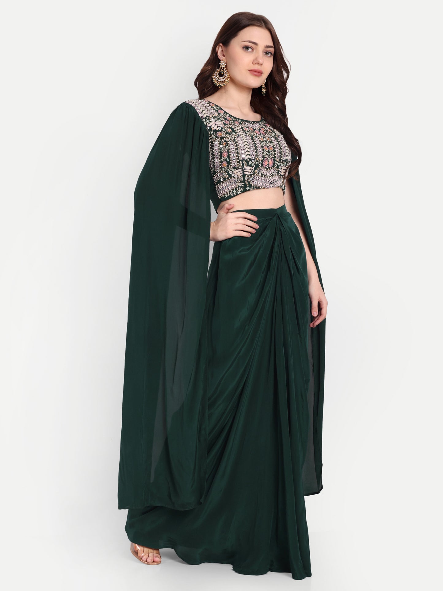 Stylish Green Embroidered Blouse & Dhoti Pant Set