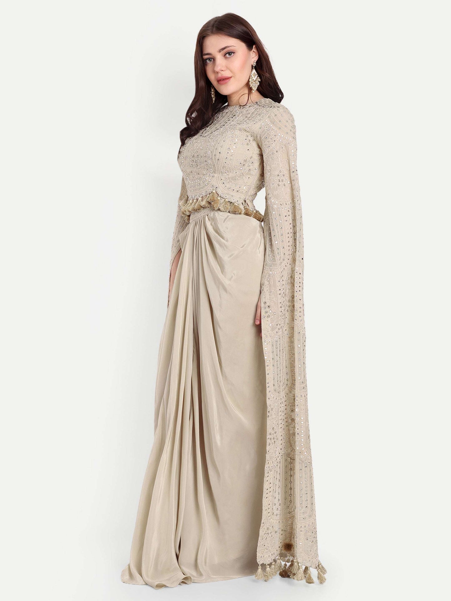 fully embroidered Beige Crop top and Skirt Set