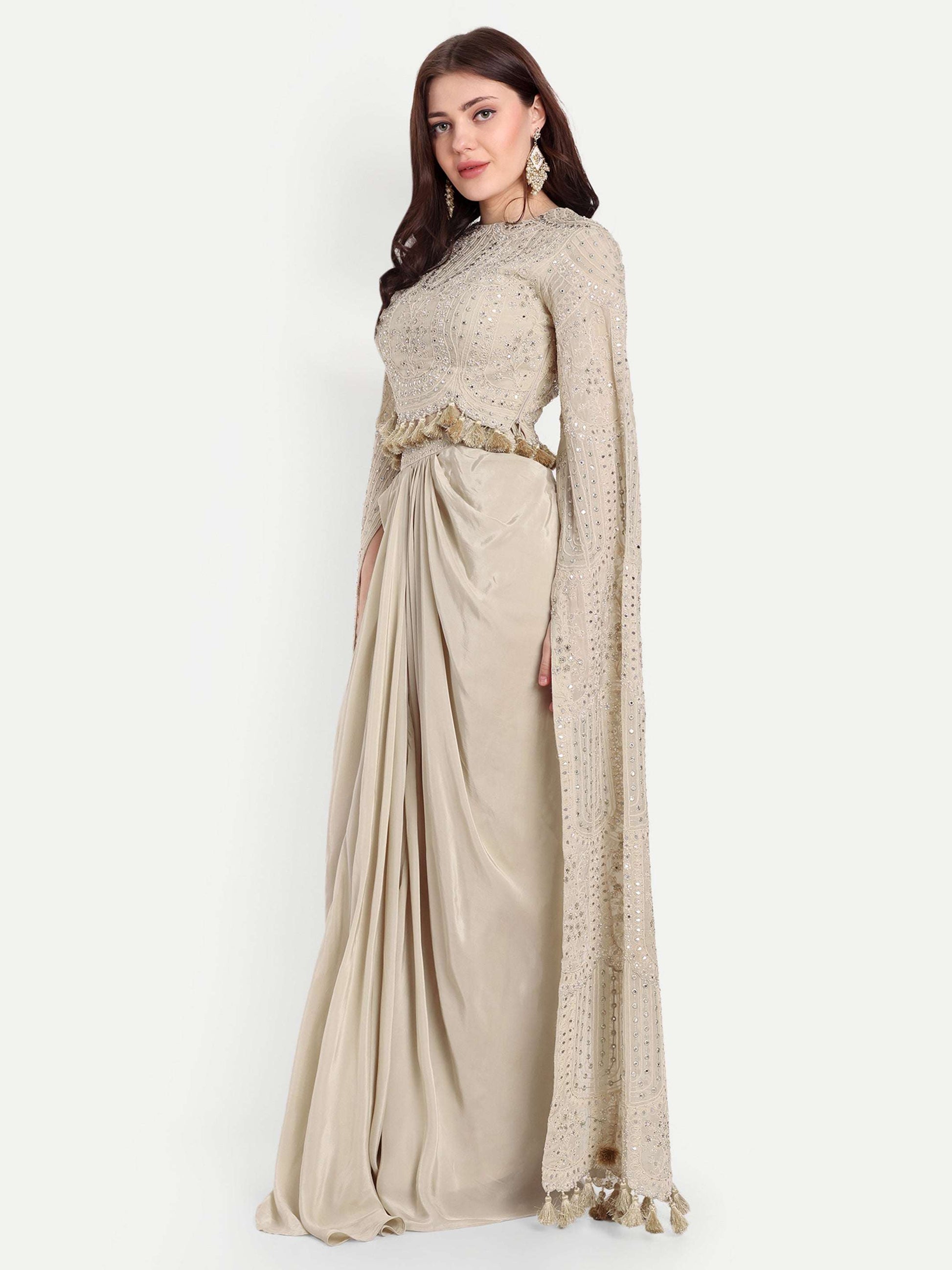 fully embroidered Beige Crop top and Skirt Set