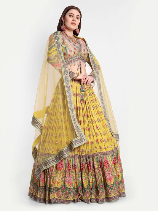 yellow lehenga made with sophisticated floral designs 
