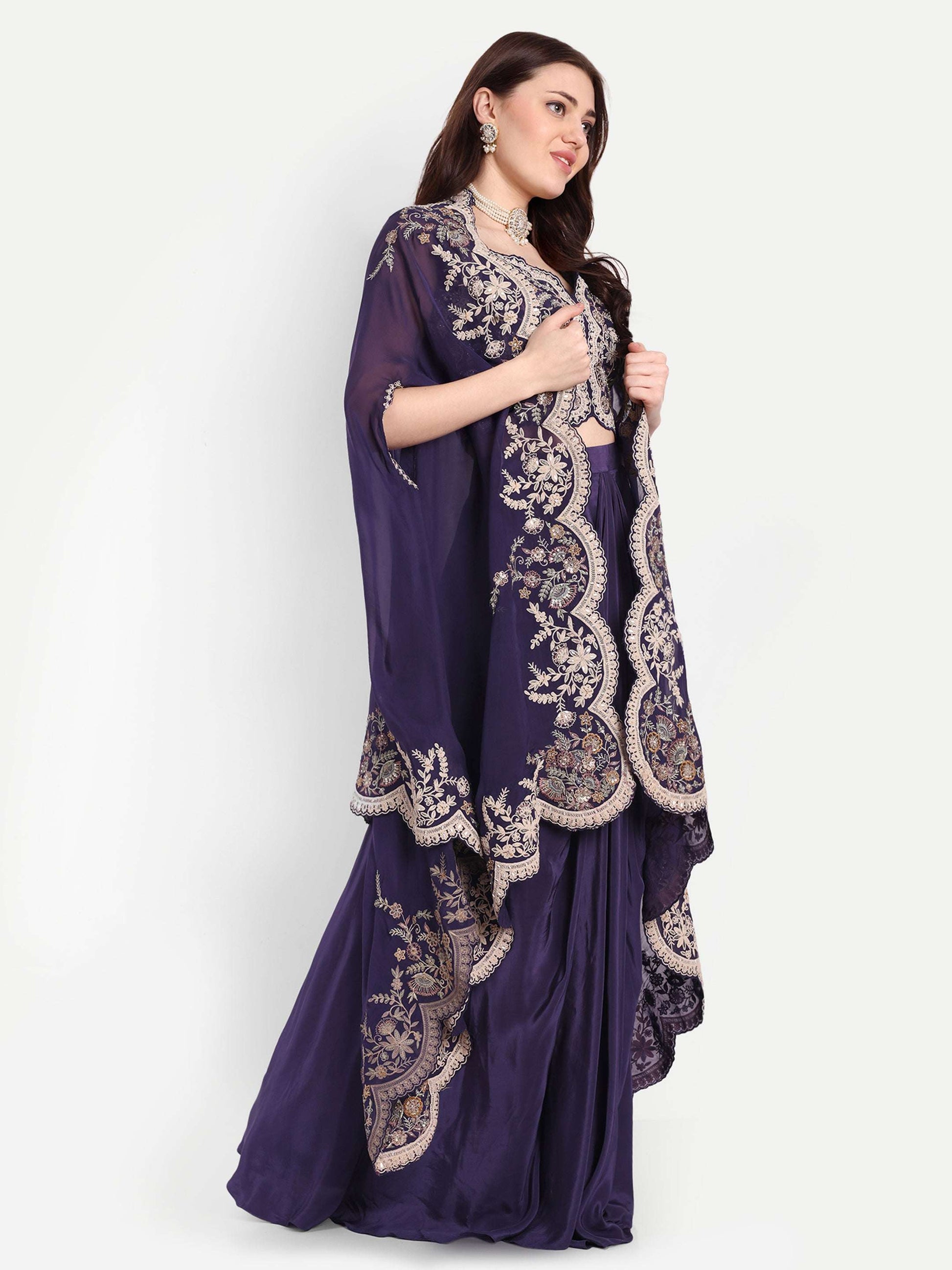 three piece set with Crop Top, Stylish skirt and Cape.